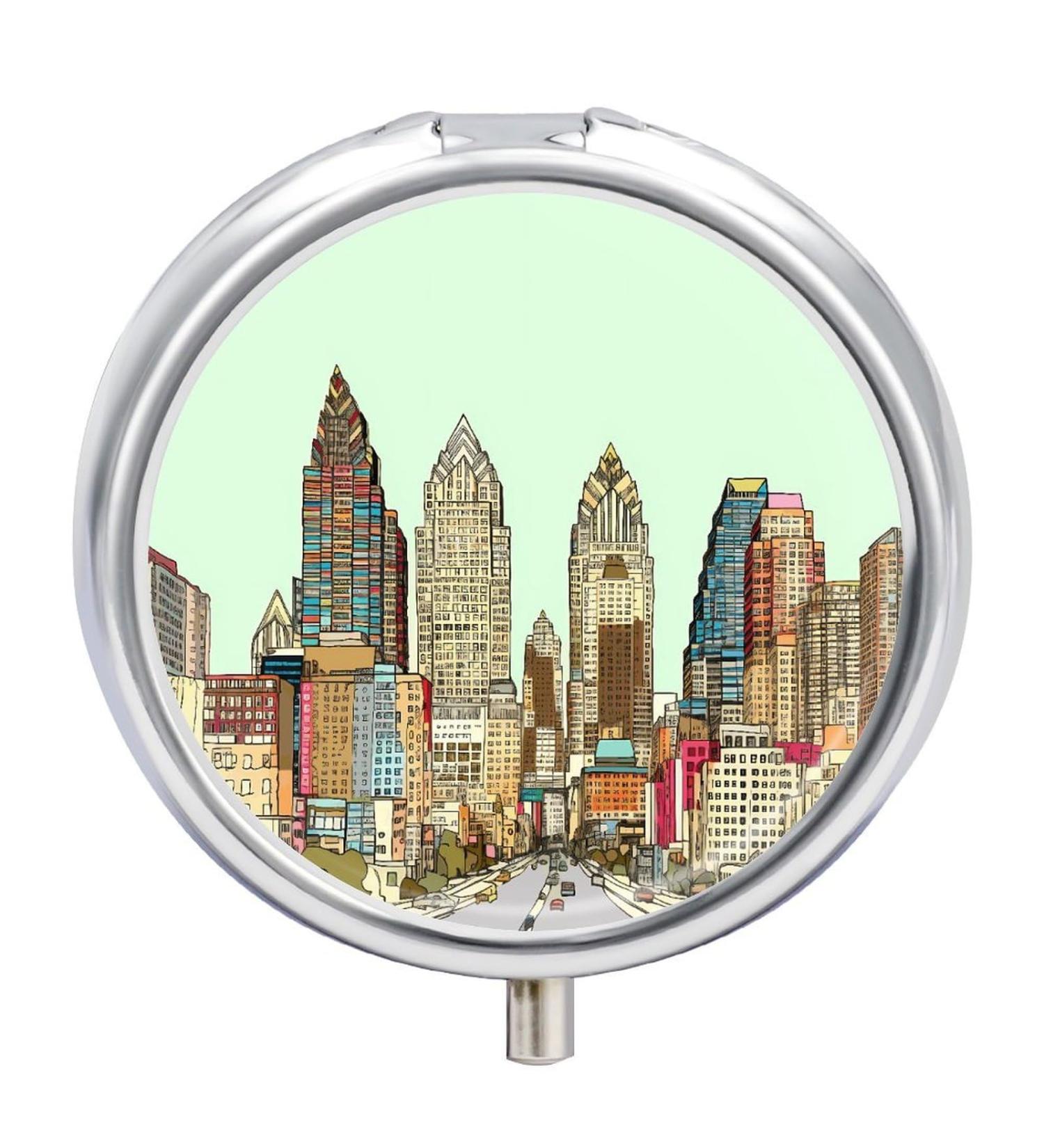 Round Pill Box - Austin Texas Print | 3 Compartment Metal Pill Organizer | Portable Decorative Pocket Case - Buy Online on GoSupps.com