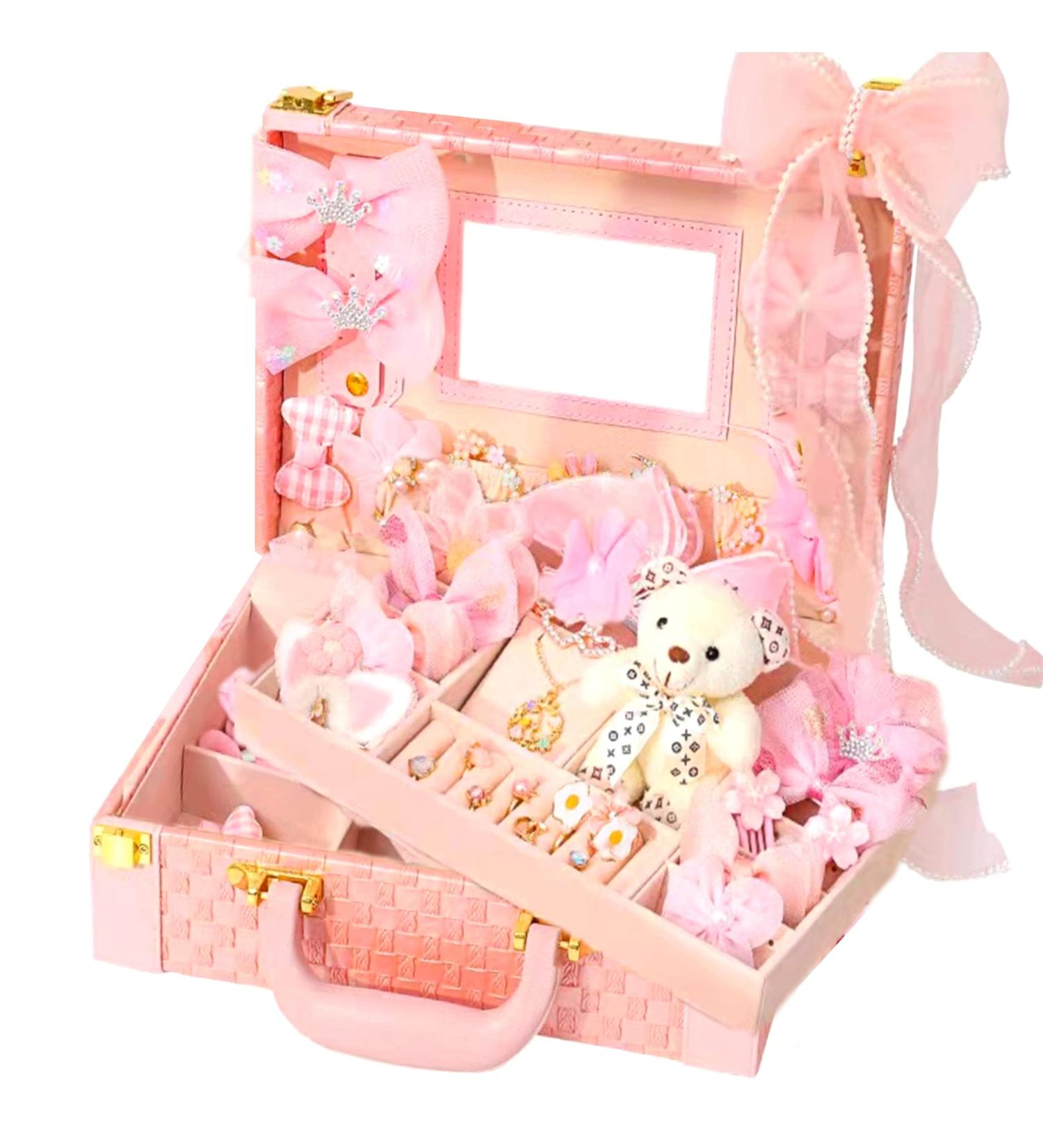 PLIOPYIK Girls Hair Accessories Set - Double Layer Jewelry Box with Hair Clips and Hair Ties (Luxury Pink) - Buy Online on GoSupps.com