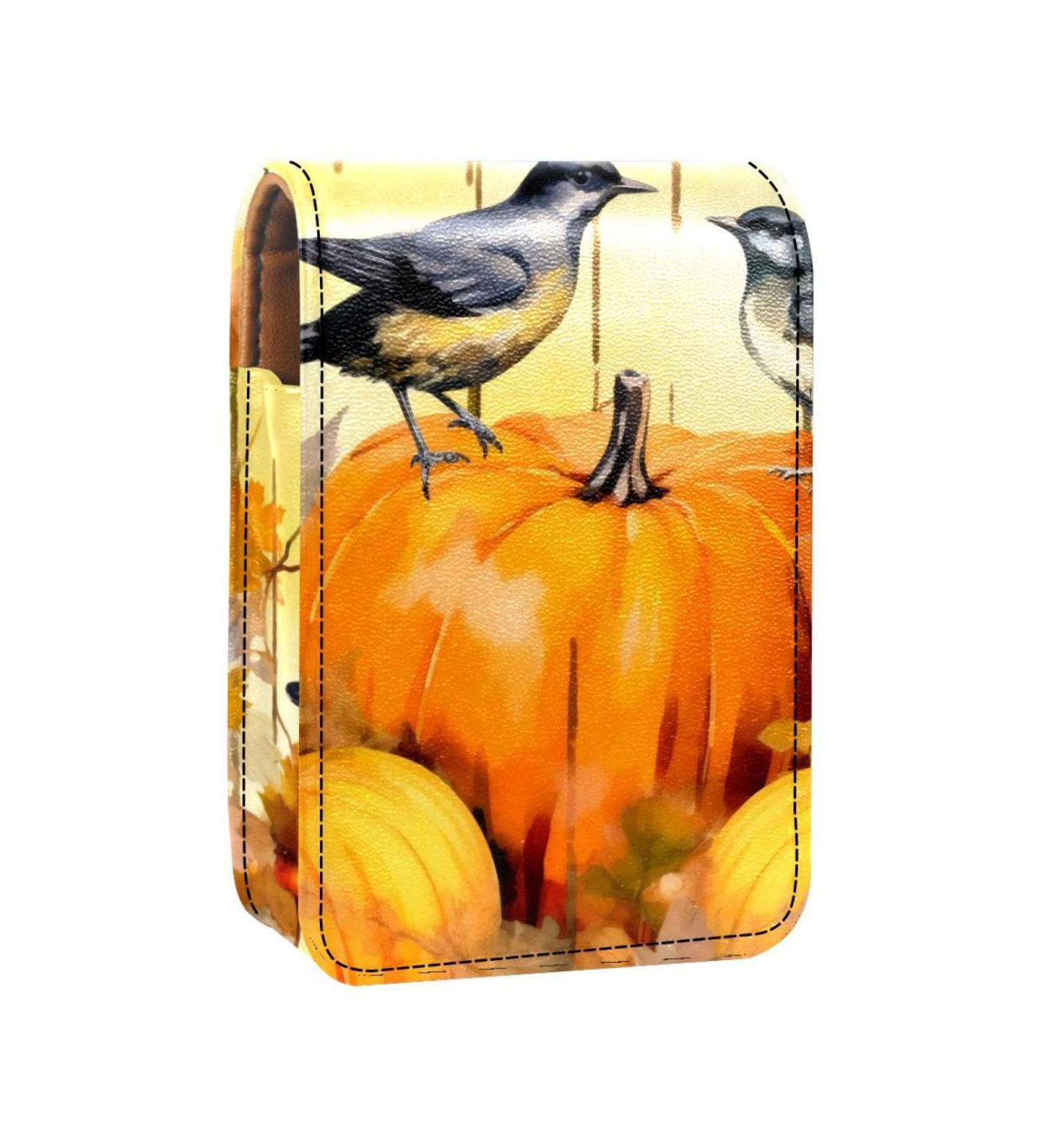Lipstick Case - Stylish Leather Lip Gloss Organizer with Mirror | Mini Holder for Travel - Autumn Flowers & Pumpkins Design - Buy Online on GoSupps.com
