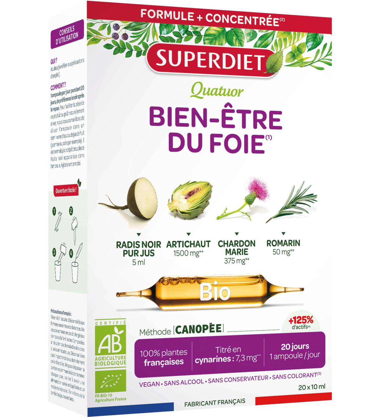 SUPERDIET -QUATUOR DIGESTION BIO-Well-being of the liver -Black Radish Artichoke Milk Thistle Rosemary-Made in France-20 Ampoules of 10 ml - Buy Online on GoSupps.com