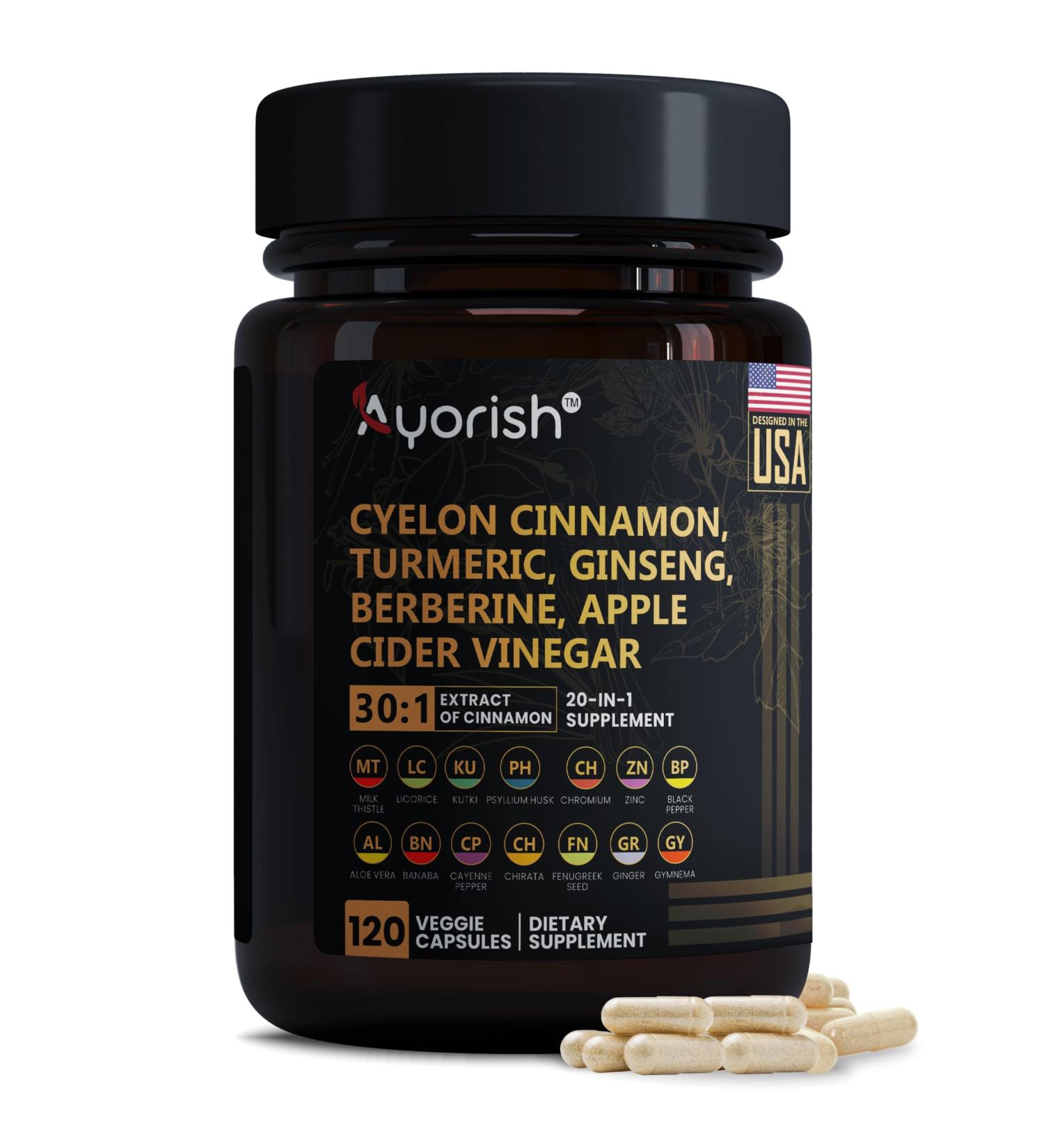 Ayorish Ceylon Cinnamon Capsule 30:1 Extract Equivalent to 9000mg | Turmeric Ginseng Apple Cider Vinegar Berberine Plus Bitter Melon Gymnema Kutki Chirata 120 Veg Capsules 60 Days Supply - Buy Online on GoSupps.com
