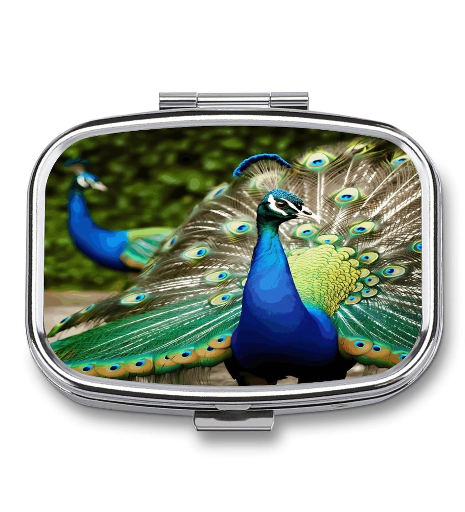 Beautiful Peacock Print Pill Box - 2 Compartment Portable Metal Organizer for Medicine | Stylish Pill Case for Pocket or Purse - Buy Online on GoSupps.com
