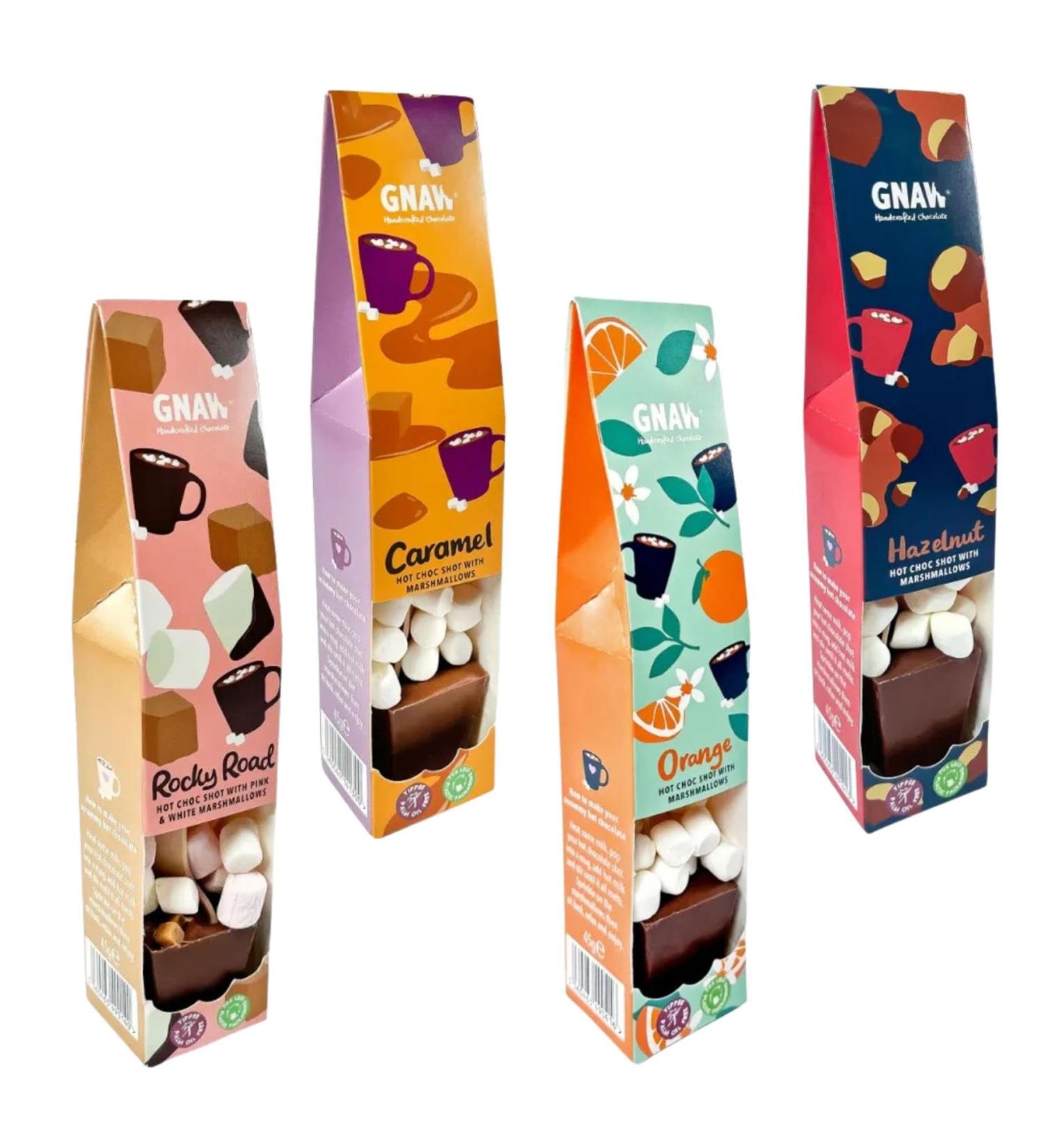 Gnaw Hot Choc Shot MarshMallows Pick N Mix - Choose From 3+ Flavours | Rocky Road Caramel Orange Hazelnut Praline - Pack of 4 x 45g 45 g (Pack of 4) - Buy Online on GoSupps.com