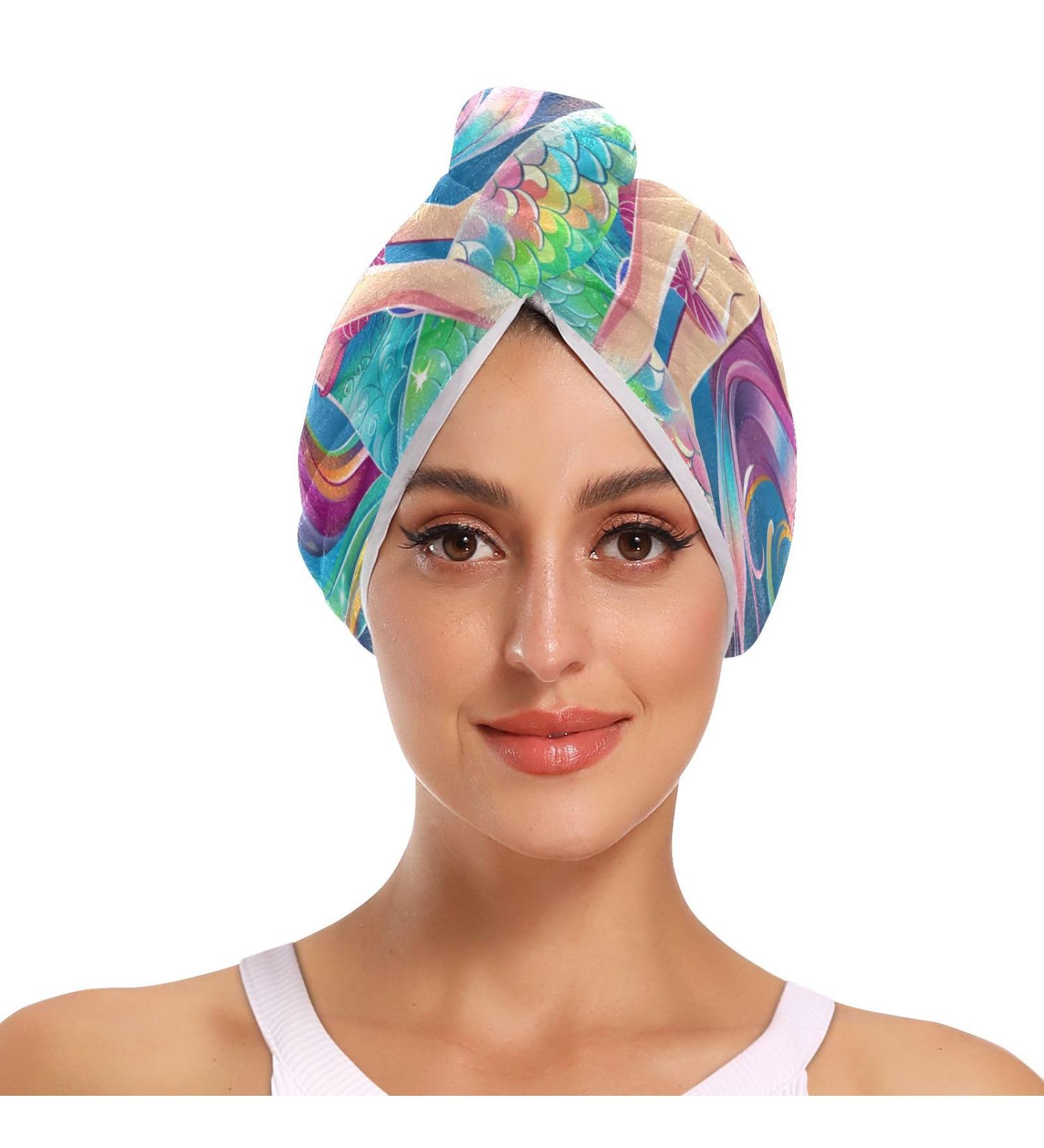 Cartoon Rainbow Mermaid Hair Towels 2 Pack | Super Absorbent Quick Dry Hair Turbans for Women & Girls - Buy Online on GoSupps.com