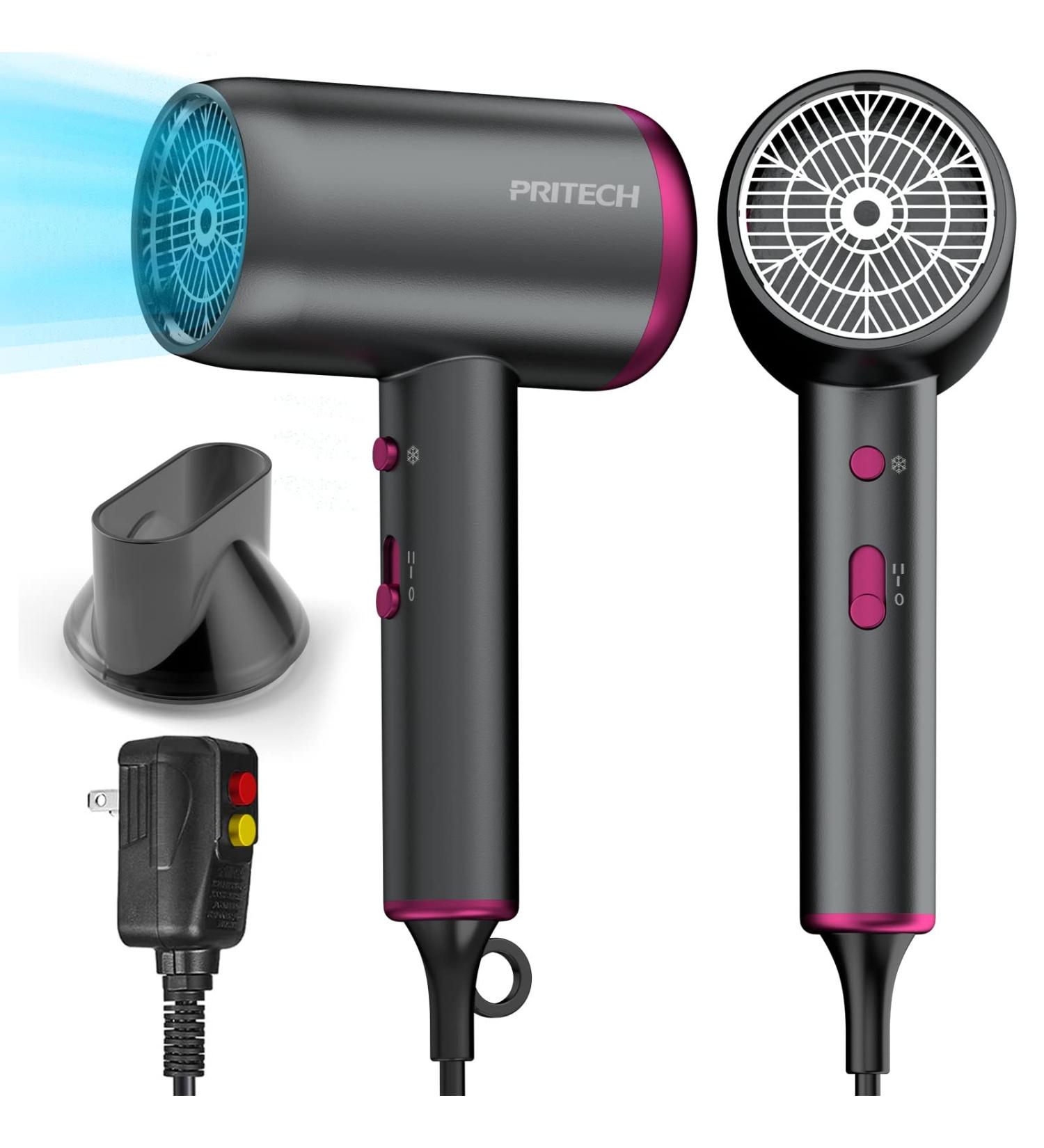 PRITECH 1875W Ionic Hair Dryer - Professional Portable Blow Dryer with Concentrator Nozzle & Hot/Cool Settings - Quiet & Powerful - Ideal for Travel - Pink - Buy Online on GoSupps.com