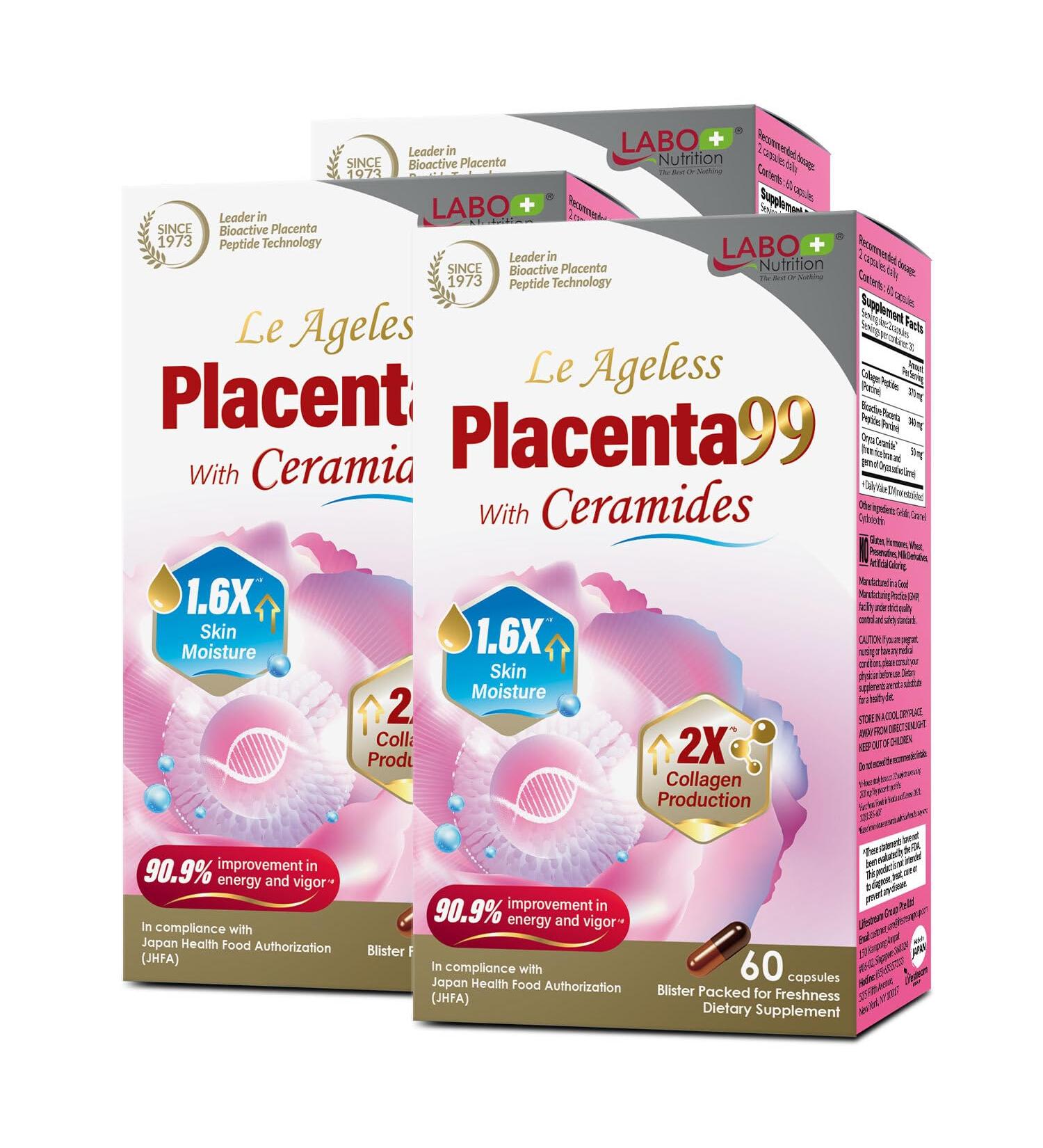 LABO Nutrition Le Ageless Placenta 99 with Ceramides -Placenta Supplement with Collagen Peptides Oryza Ceramides-Skin Regeneration Hydration Anti-Aging Wrinkle Support Immune Health 60 Capsulesx3 - Buy Online on GoSupps.com