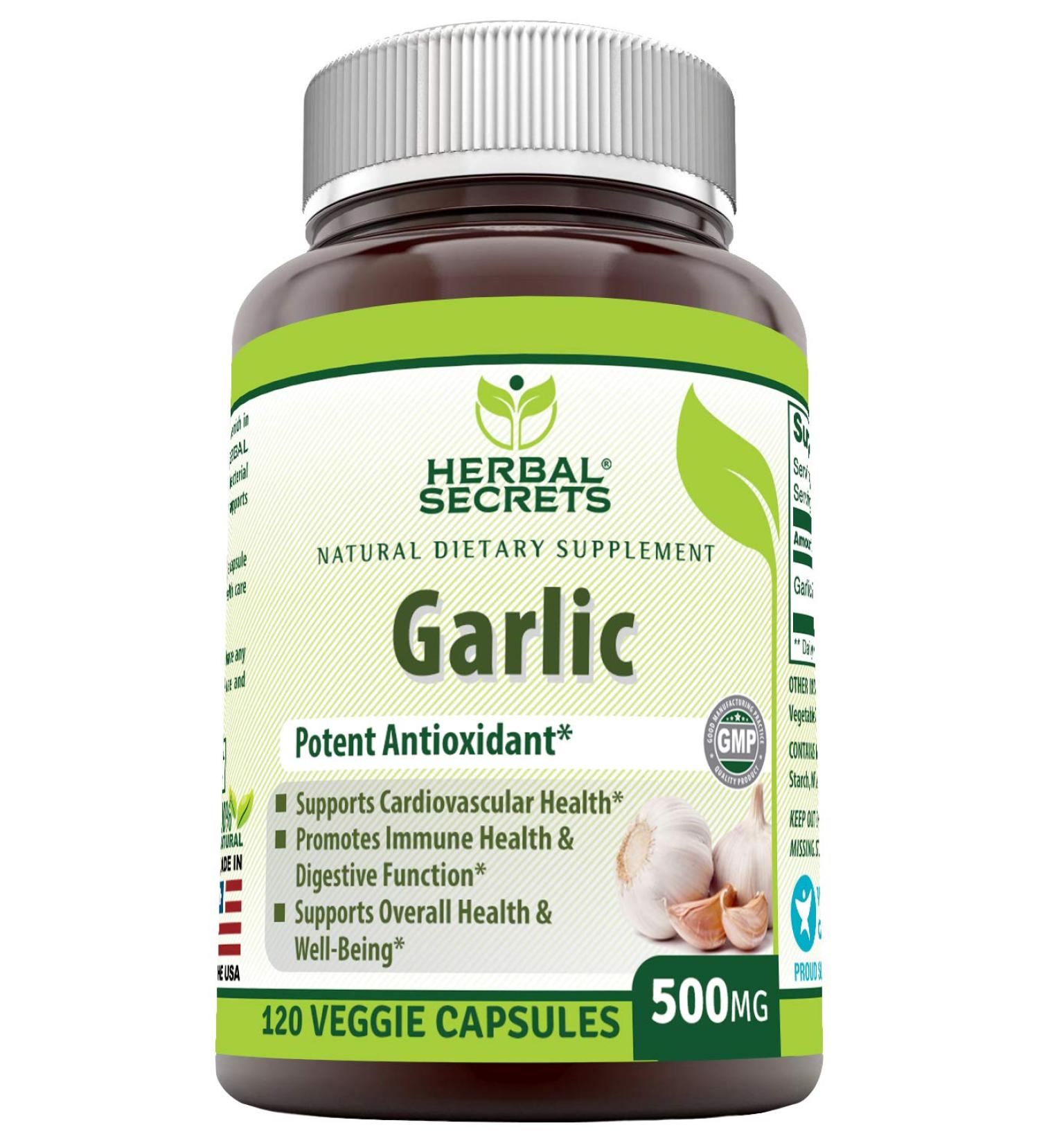 Herbal Secrets Garlic 500mg 120 Veggie Capsules - Non-GMO, Gluten Free, USA Made | Vegetarian Friendly Supplement - Buy Online on GoSupps.com