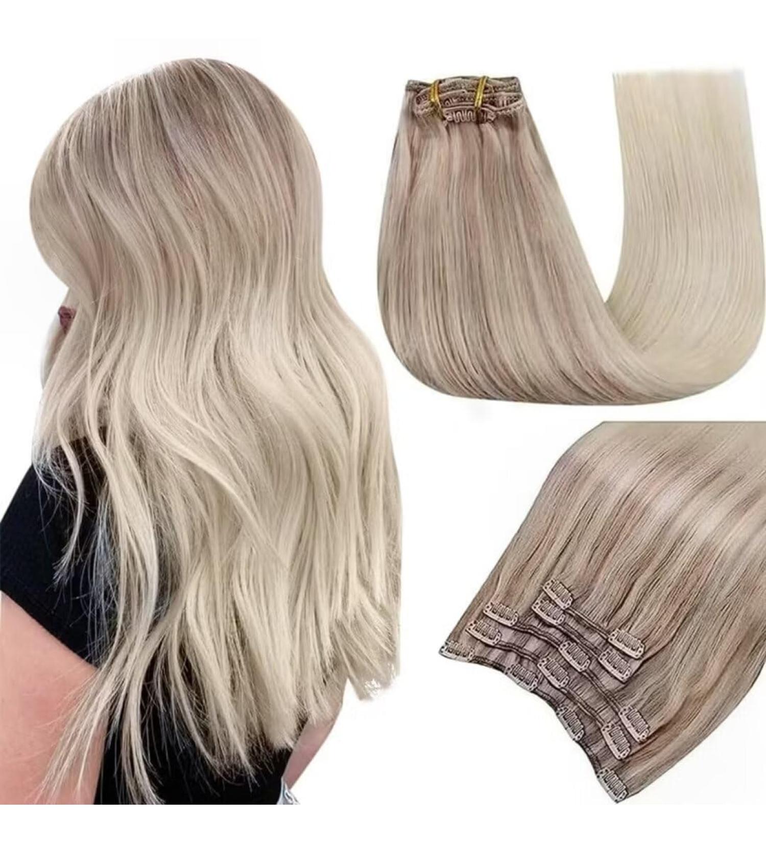 Easyouth Blonde Ombre Clip in Human Hair Extensions - 5Pcs, 70g, 16 Inch, Double Weft Real Hair Clip Ins #18/22/60 (Nordic) - Buy Online on GoSupps.com