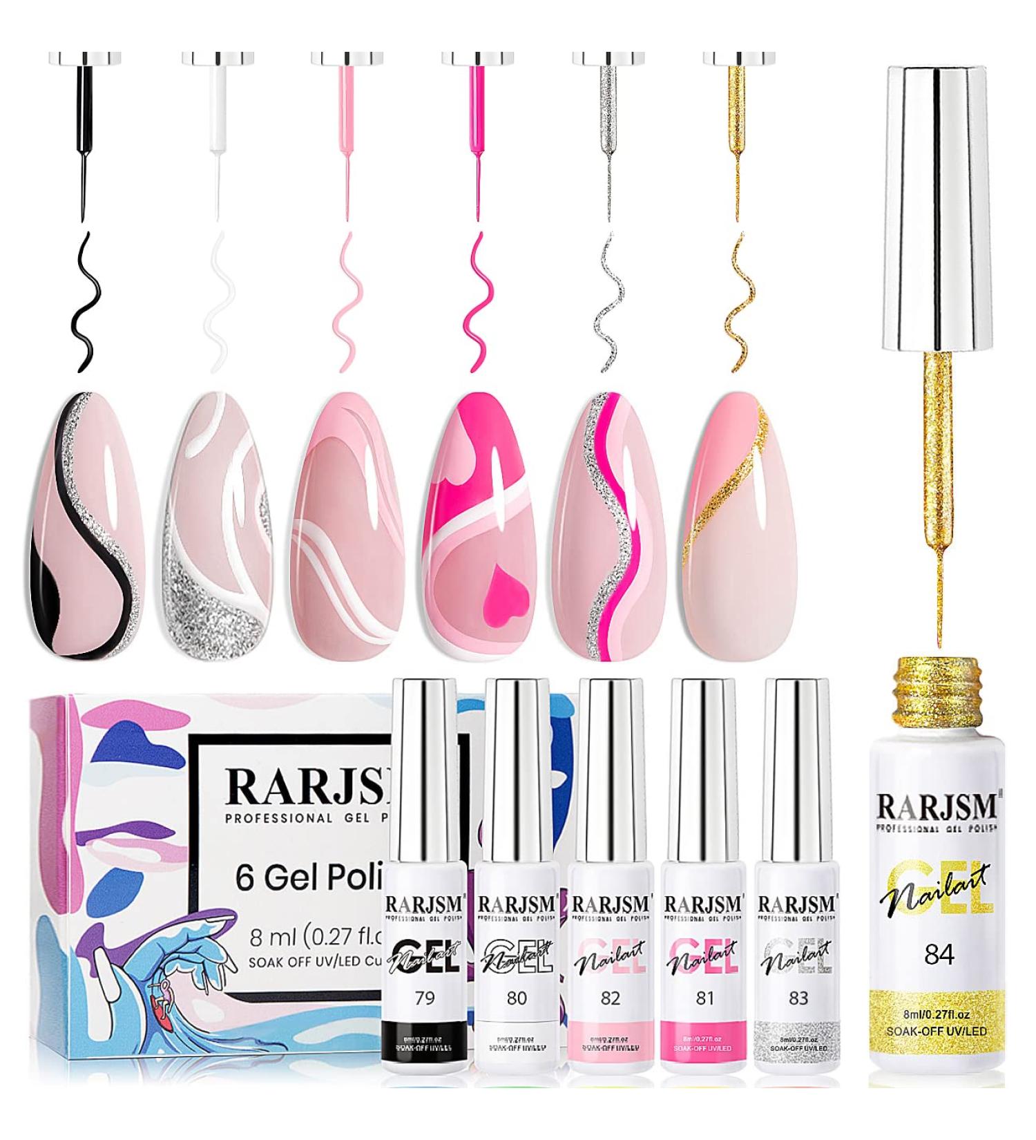 RARJSM Gel Liner Nail Art Polish Set - 6pcs Black White Pink Red Glitter Silver Gold 8ml - Soak off, Curing, Thin Brush - Home Salon DIY - Buy Online on GoSupps.com