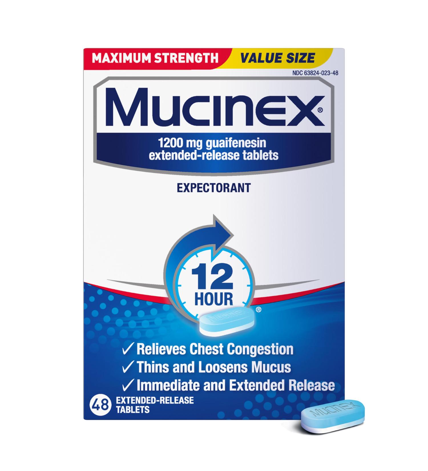 Mucinex 12 Hour Maximum Strength 1200 mg Guaifenesin Extended-Release Tablets for Excess Mucus Relief Expectorant Aids Excess Mucus Removal Chest Congestion Relief for Adults 48 Tablets New - Buy Online on GoSupps.com