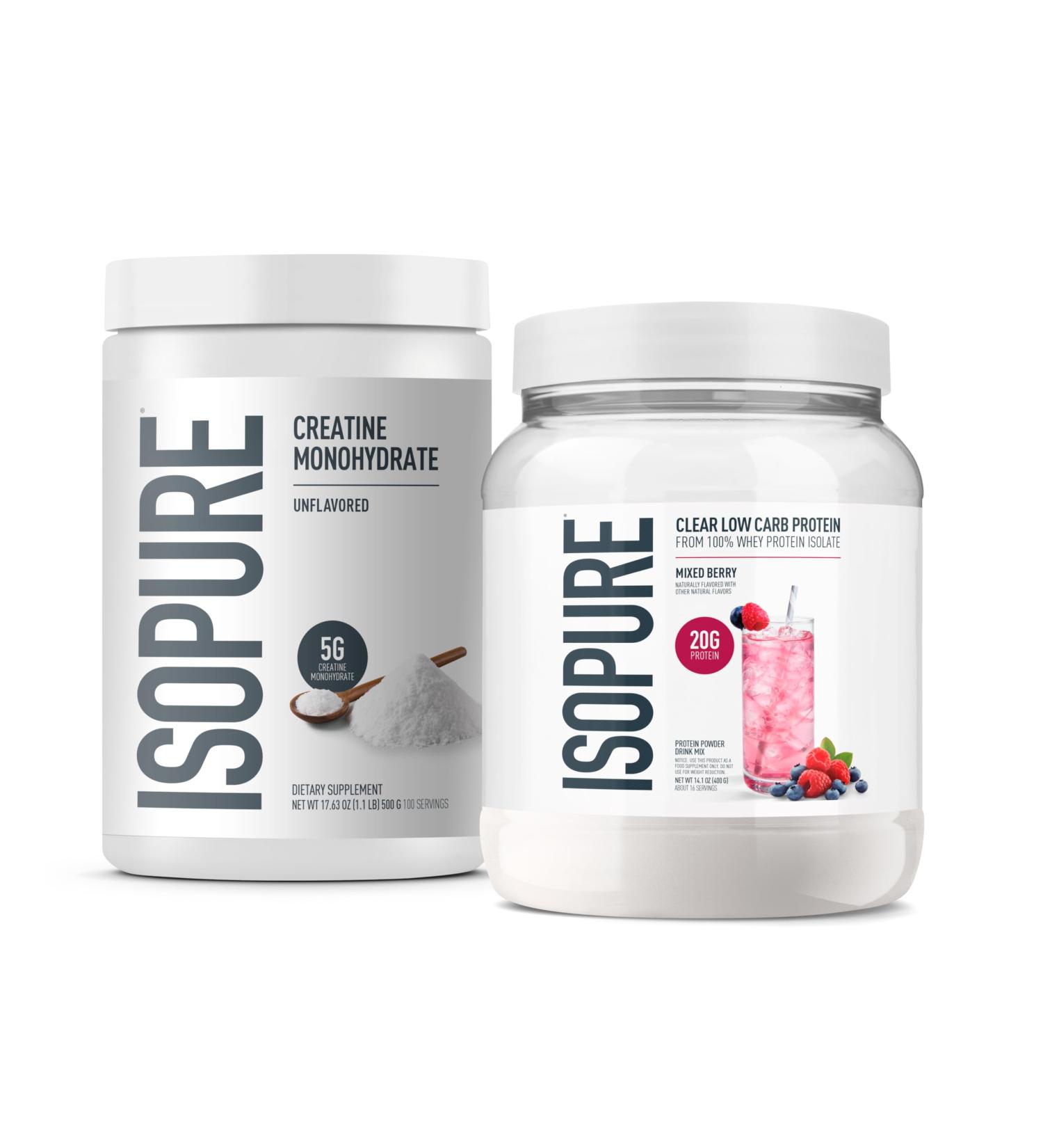 Isopure Bundle of Clear Whey Isolate Protein Powder Mixed Berry 16 Servings + Isopure 100% Pure Creatine Monohydrate Powder Unflavored 100 Servings - Buy Online on GoSupps.com
