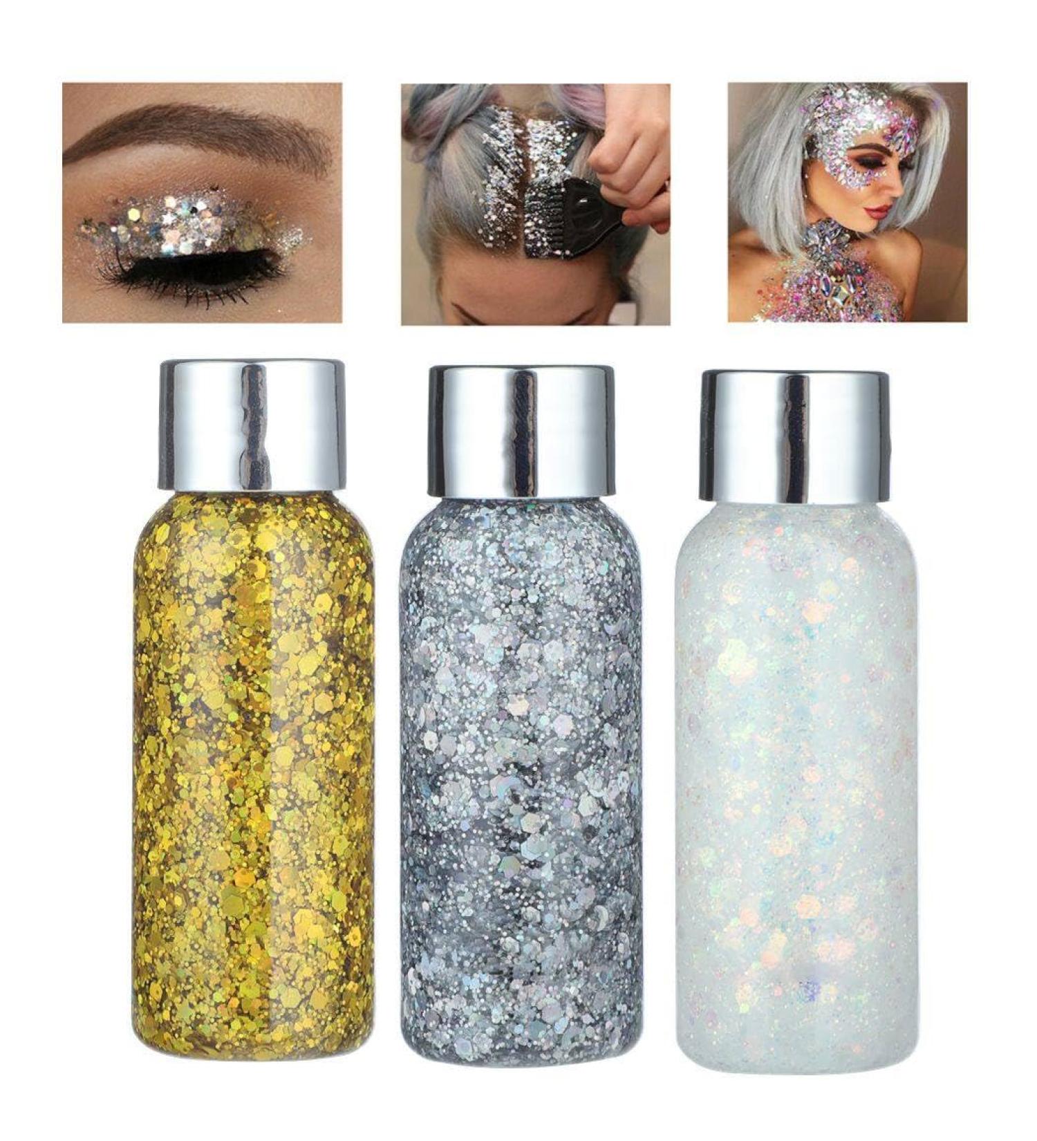 Holographic Body Glitter Gel - 3-Pack Chunky Sequin Liquid for Nails & Makeup | Silver Sparkle for Parties & Weddings - 1.1 x 3.15in - Buy Online on GoSupps.com