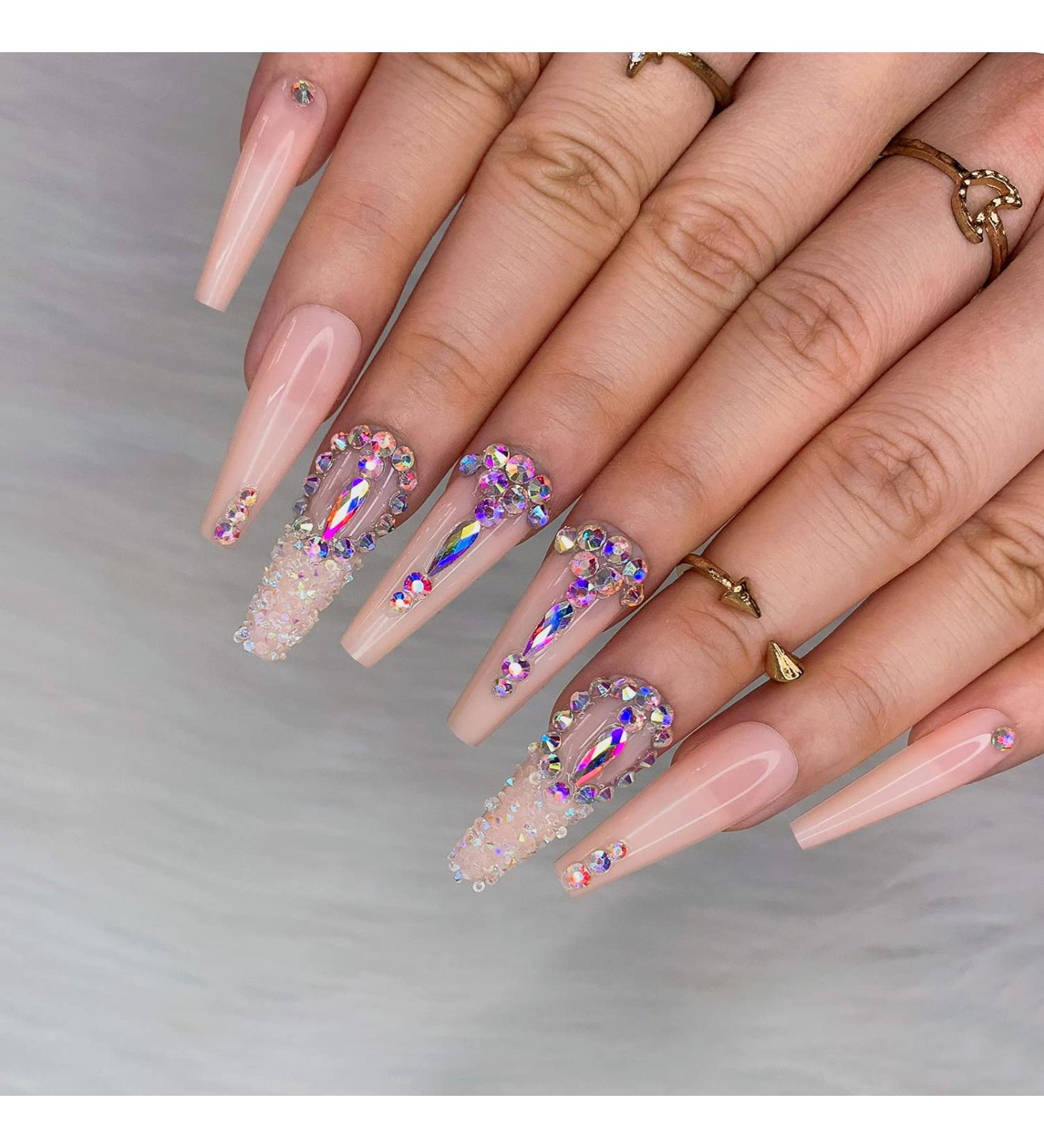 Morily Pink Rhinestone Press on Nail Set - Luxury Extra Long Ballerina Coffin Fake Nails for Women and Girls - Buy Online on GoSupps.com