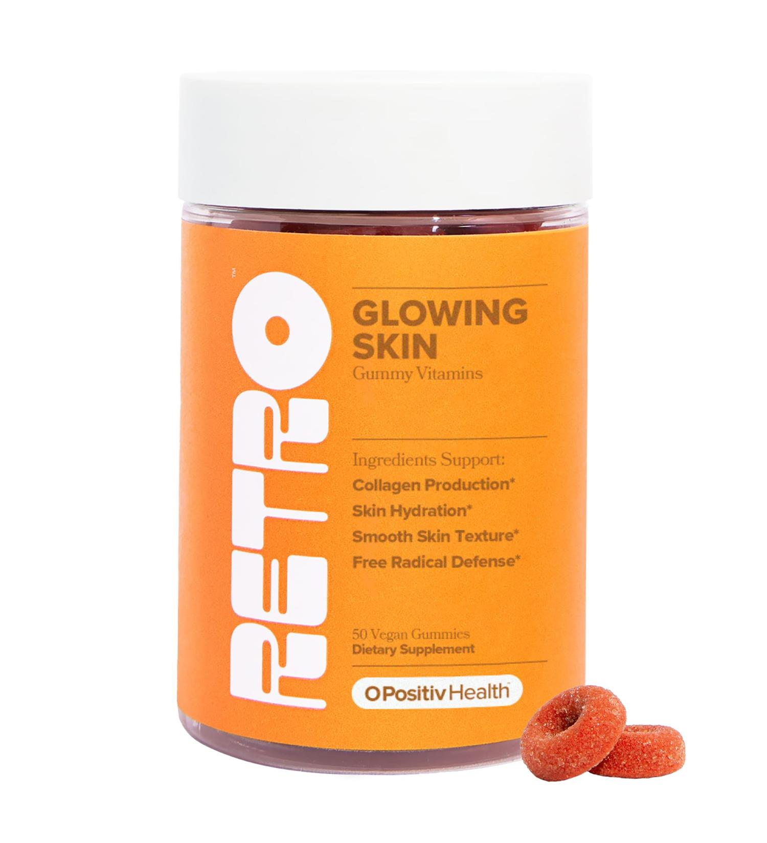 O Positiv RETRO Gummy Glowing Skin Vitamins for Collagen Production Astaxanthin, Vitamin E, Bamboo Extract, Hibiscus & Vitamin C Vegan Skin Gummies for Smooth Skin & Hydration, 50 Count (Pack of 1) - Buy Online on GoSupps.com