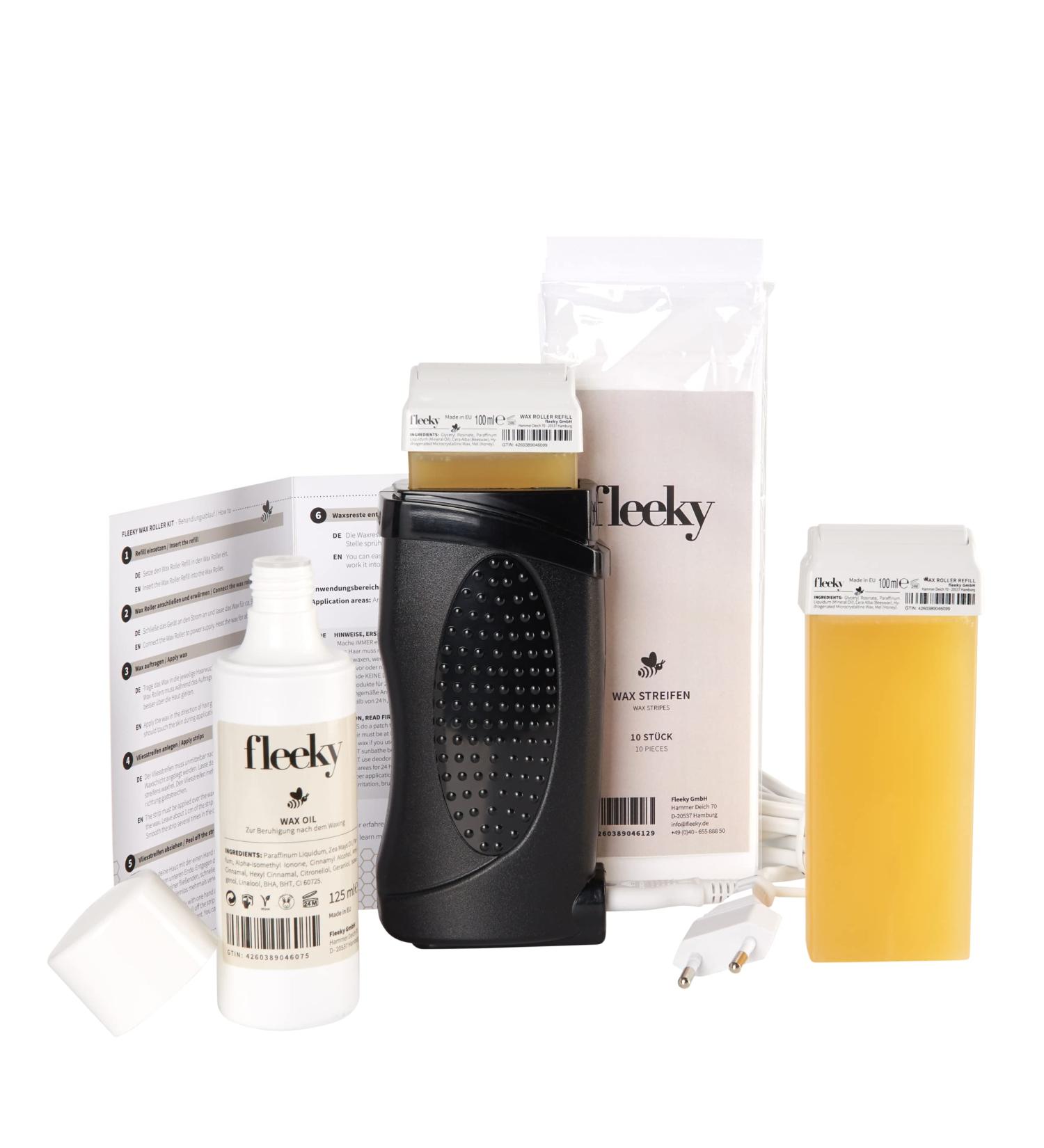 Fleeky Roll-On Warm Wax Device Set | 125ml Wax Oil & Heater | Long-Lasting Hair Removal | Wachtzron Fleece Strips | Smooth Skin for Up to 28 Days - Buy Online on GoSupps.com