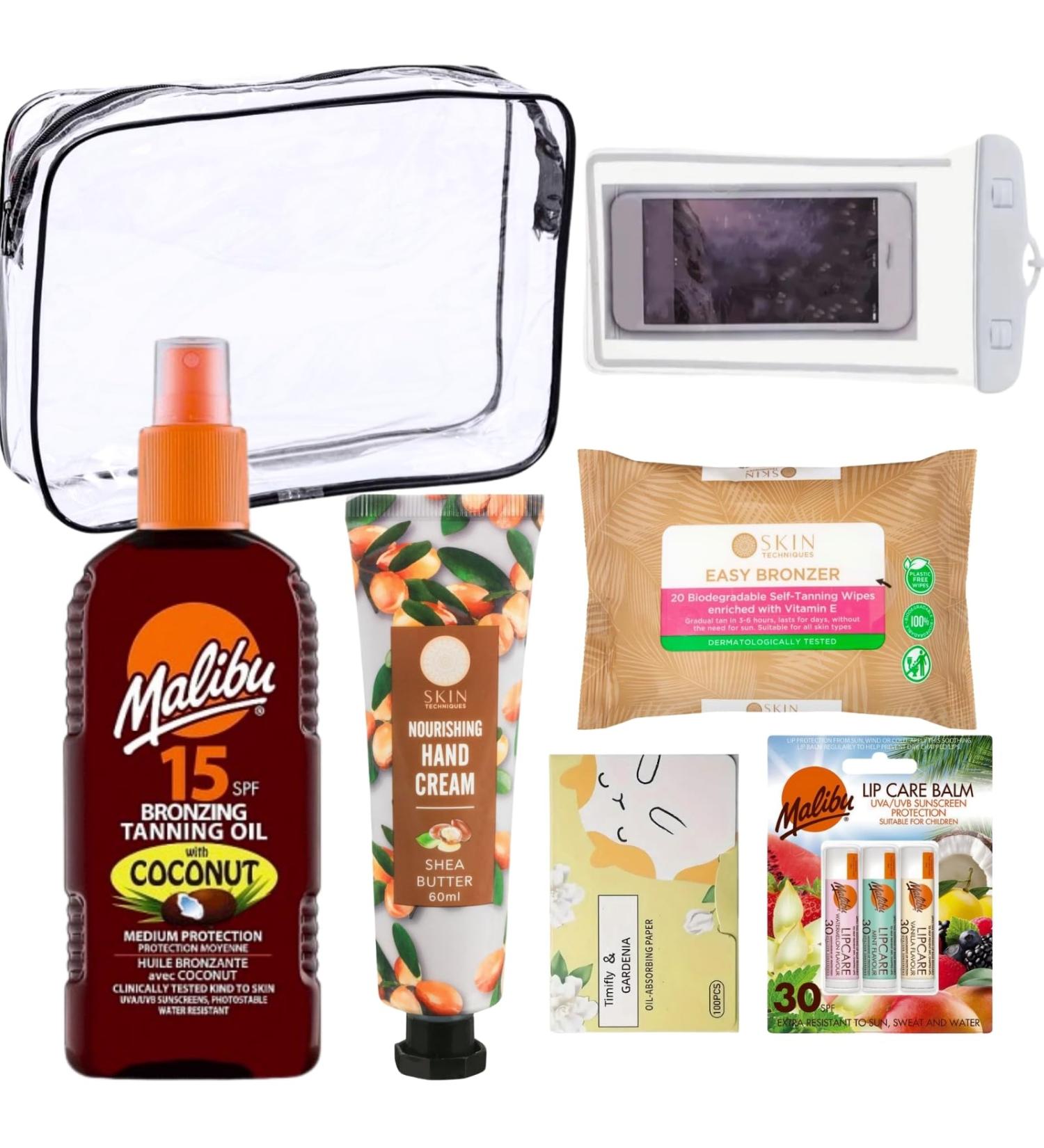 Summer Essentials Travel Toiletries with Spf 15 Bronzing Tanning Oil Lip Care Balm Spf 30 Nourishing Hand Cream Blotting Facial Tissue Self-Tanning Wipes and Waterproof Mobile Phone Bag - Buy Online on GoSupps.com