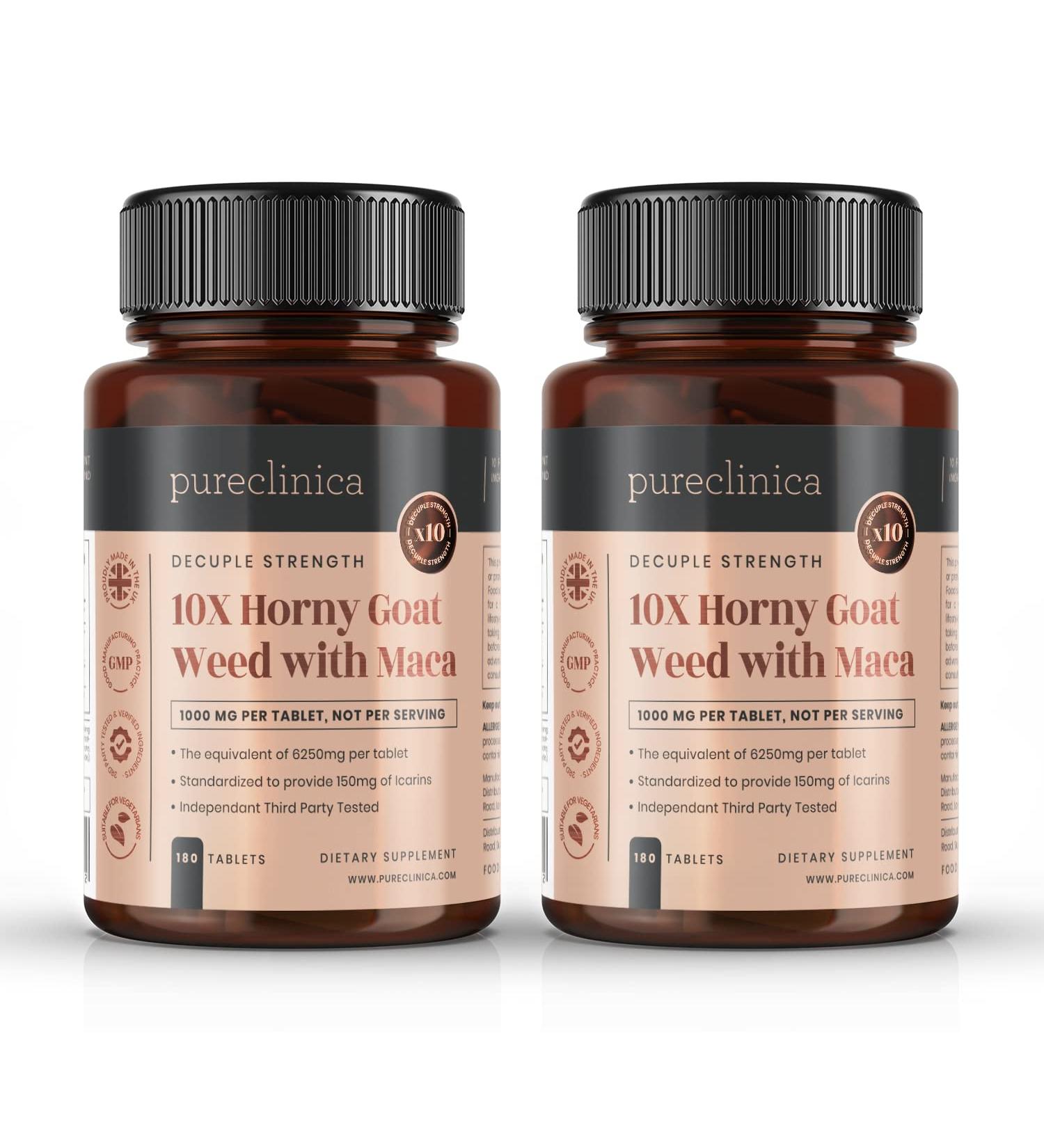 Pureclinica 10X Horny Goat Weed & Maca Extract Tablets - 3750mg & 2500mg - 360 Count (2 Bottles of 180) - 1 Year Supply - Buy Online on GoSupps.com