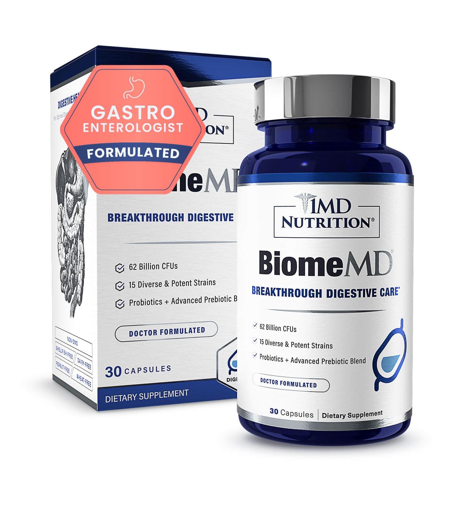 1MD Nutrition BiomeMD Probiotics | 62 Billion CFUs, 15 Comprehensive Strains - Pro & Prebiotics | Doctor-Formulated for Digestive Health & Immune Support | 30 Capsules 30 Count (Pack of 1) - Buy Online on GoSupps.com