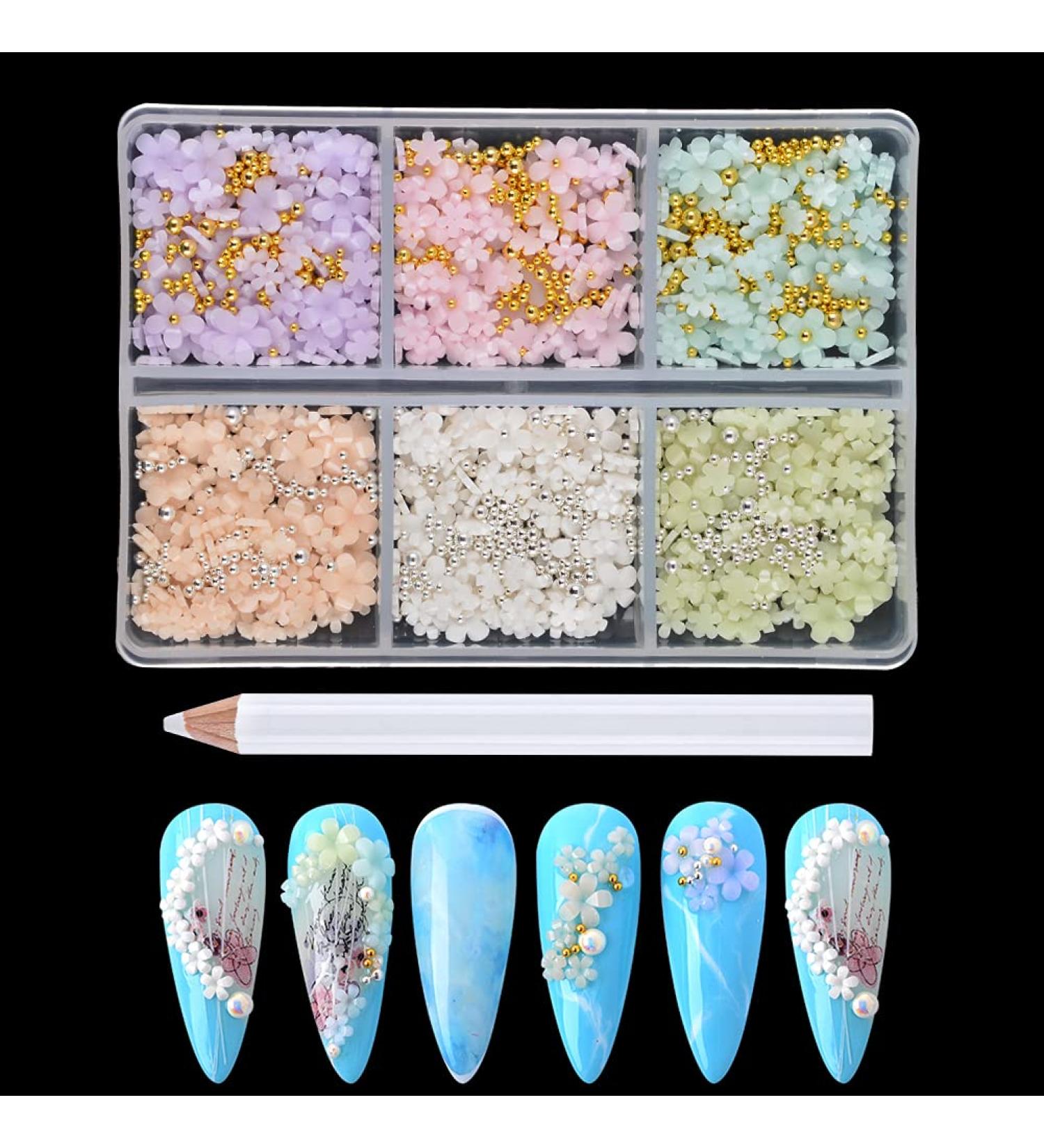 BAIYIYI 3D Flower Nail Charms & Caviar Beads Set - DIY Nail Decoration Kit with Pickup Pencil, 6 Colors - Acrylic Resin Flowers & Metal Ball Beads for Nail Art - Buy Online on GoSupps.com