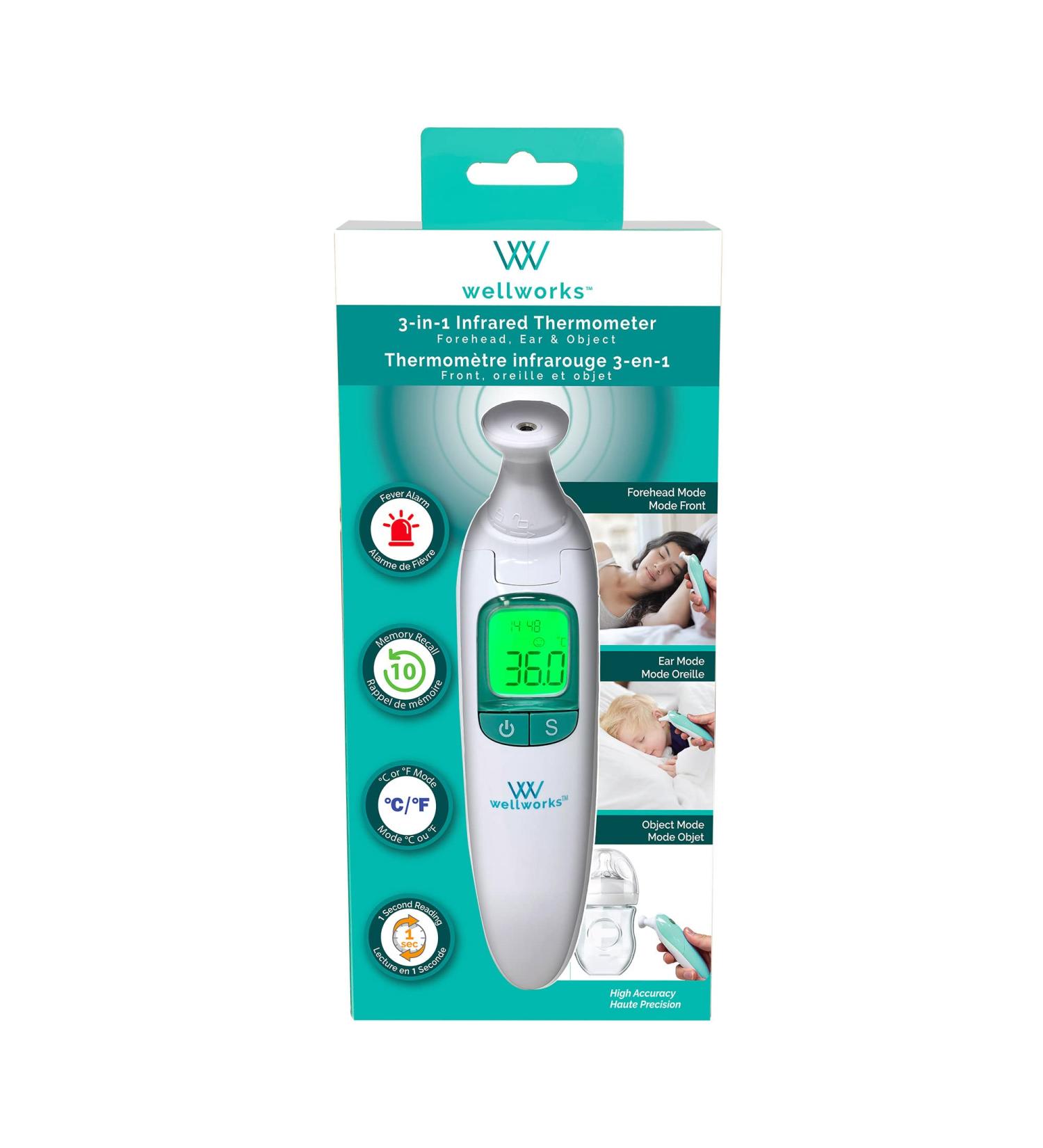 Wellworks 3-in-1 Infared Thermometer - Baby Thermometer for Ear Forehead & Object Use - High Accuracy Rapid Reading with Memory Recall and Fever Alarm - Suitable for Ages Newborn and Up - Buy Online on GoSupps.com