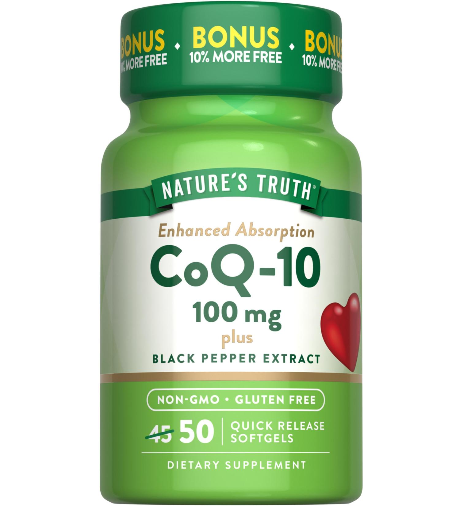 Nature's Truth CoQ10 100mg - 50 Softgels with Black Pepper Extract - Non-GMO & Gluten Free Supplement - Buy Online on GoSupps.com