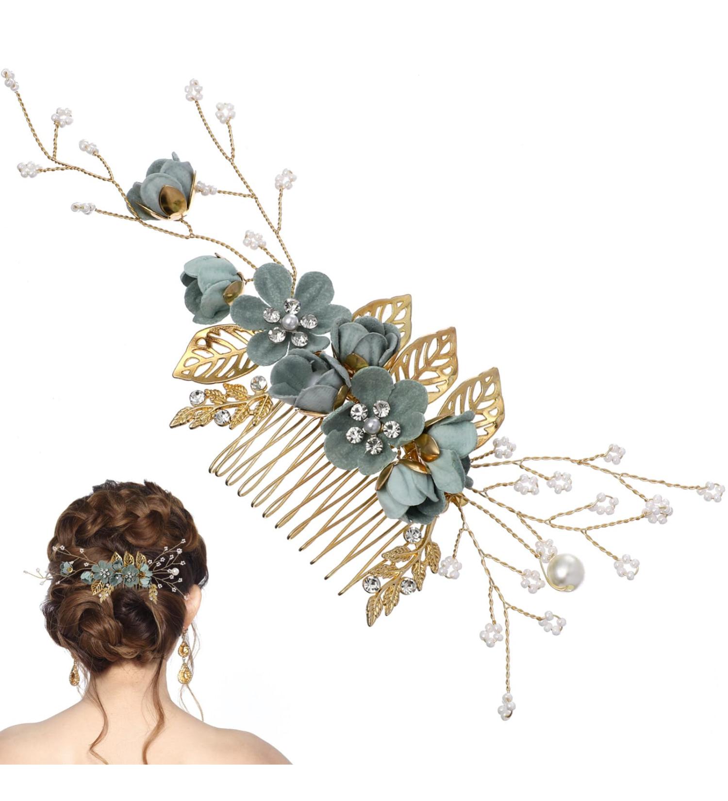 Beaupretty Green Rhinestone Hair Comb for Bridal Wedding Hair - Pearl Floral Side Clip for Bride/Bridesmaid - Buy Online on GoSupps.com