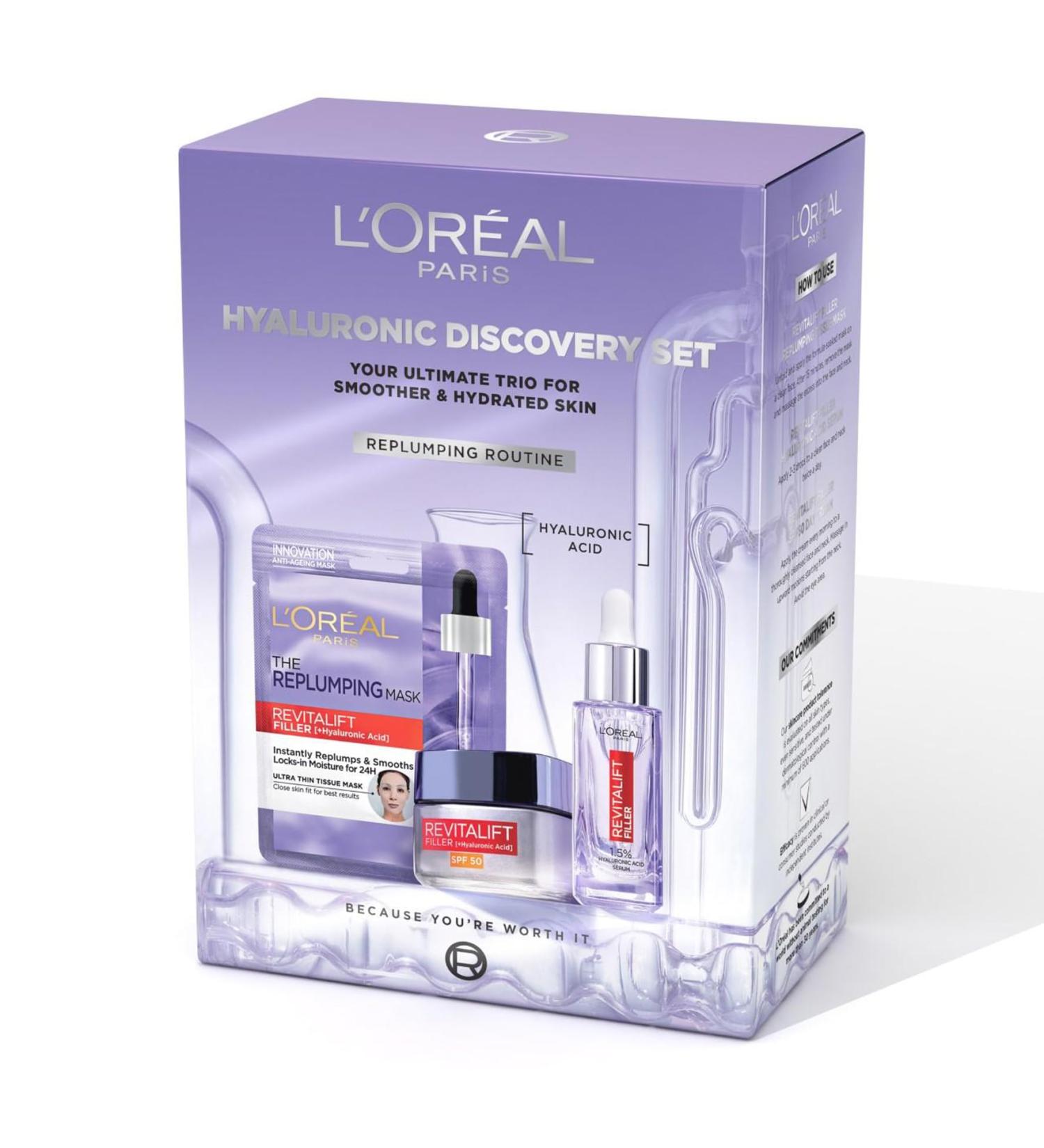 L'Or al Paris Hyaluronic Discovery Set Gift Set - Revitalift Filler 1.5% Hyaluronic Acid Serum Day cream and Replumping Tissue Mask - Buy Online on GoSupps.com
