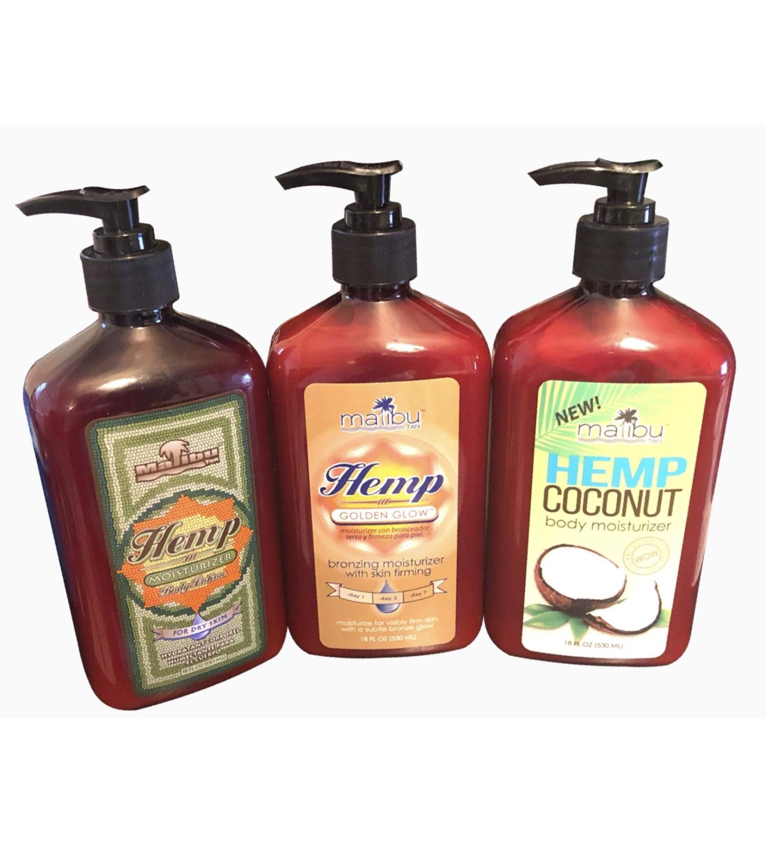 Malibu Tan Variation 18fl. oz. Hemp Body Moisturizing Coconut Body Moisturizing and Golden Glod Skin Firming Bronzing Tanning Package 3 Pack