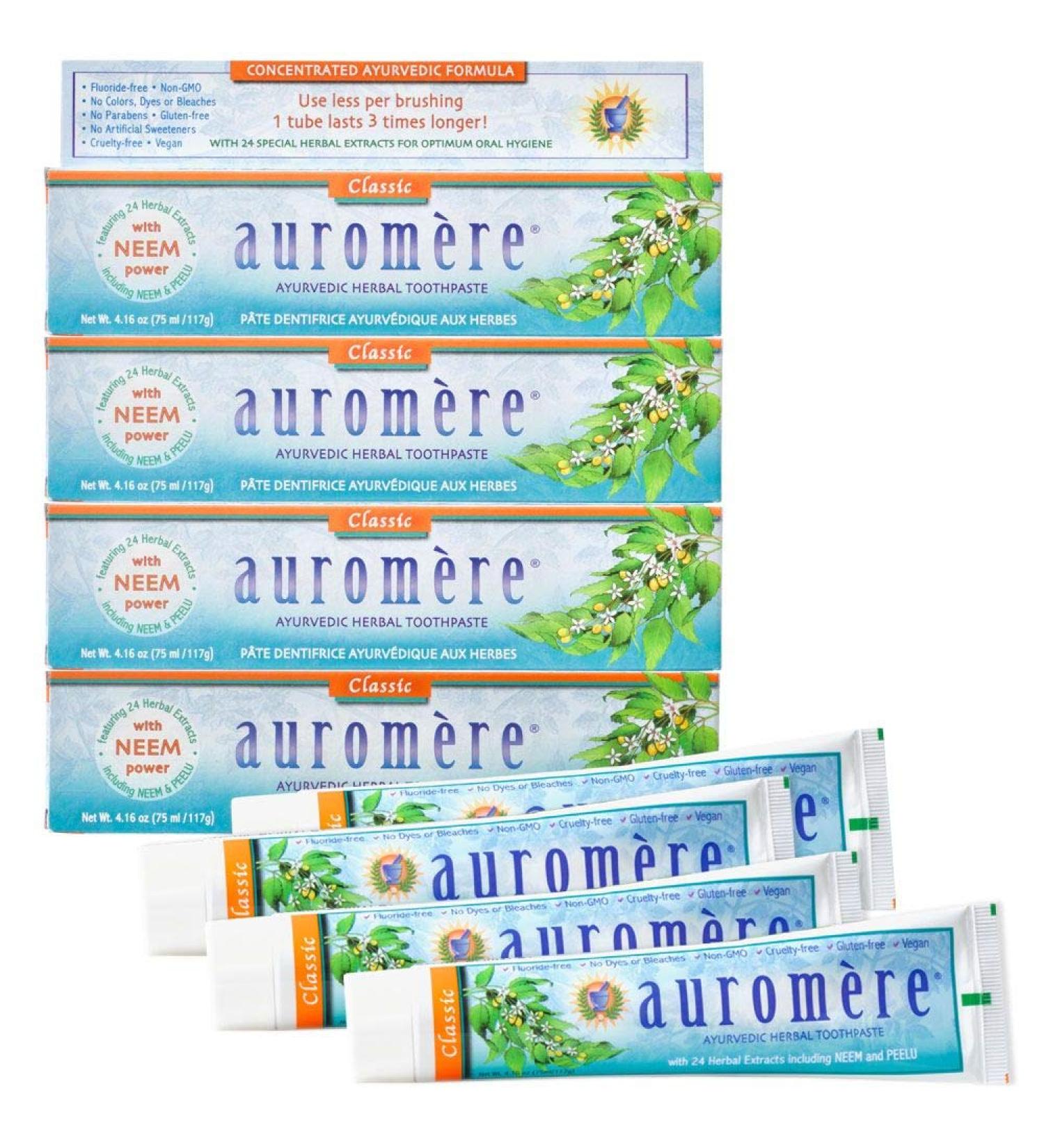Auromere Ayurvedic Herbal Licorice Toothpaste - 4 Pack 4.16 oz - Vegan & Natural with Neem, Peelu - Fluoride & Gluten Free - Buy Online on GoSupps.com