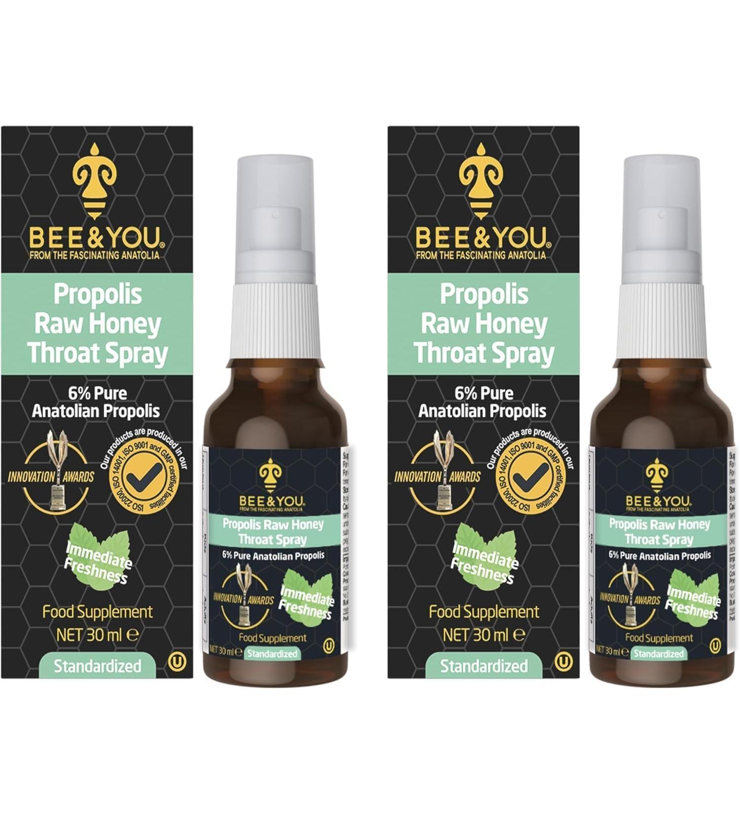 Bee and You Raw Honey Throat Spray, 100% Pure Propolis Extract, Immune Support, Sore Throat & Congestion Relief, Oral Health, Antioxidants, Natural, Keto, Paleo, Gluten-Free | 1 FL Oz (Pack of 2) - Buy Online on GoSupps.com