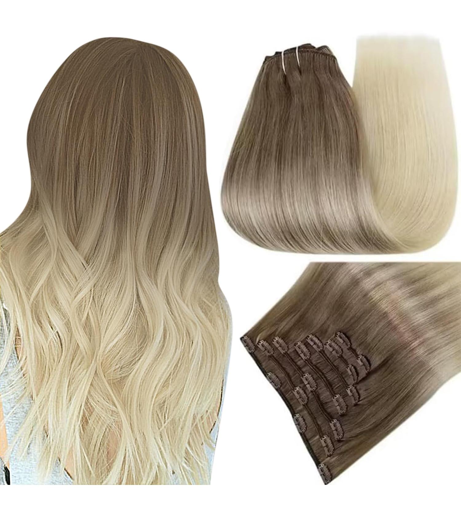 Blonde Clip-In Hair Extensions | 20 Inch Remy Real Hair | Light Brown & Platinum Blonde #8/60 - 120g - Buy Online on GoSupps.com