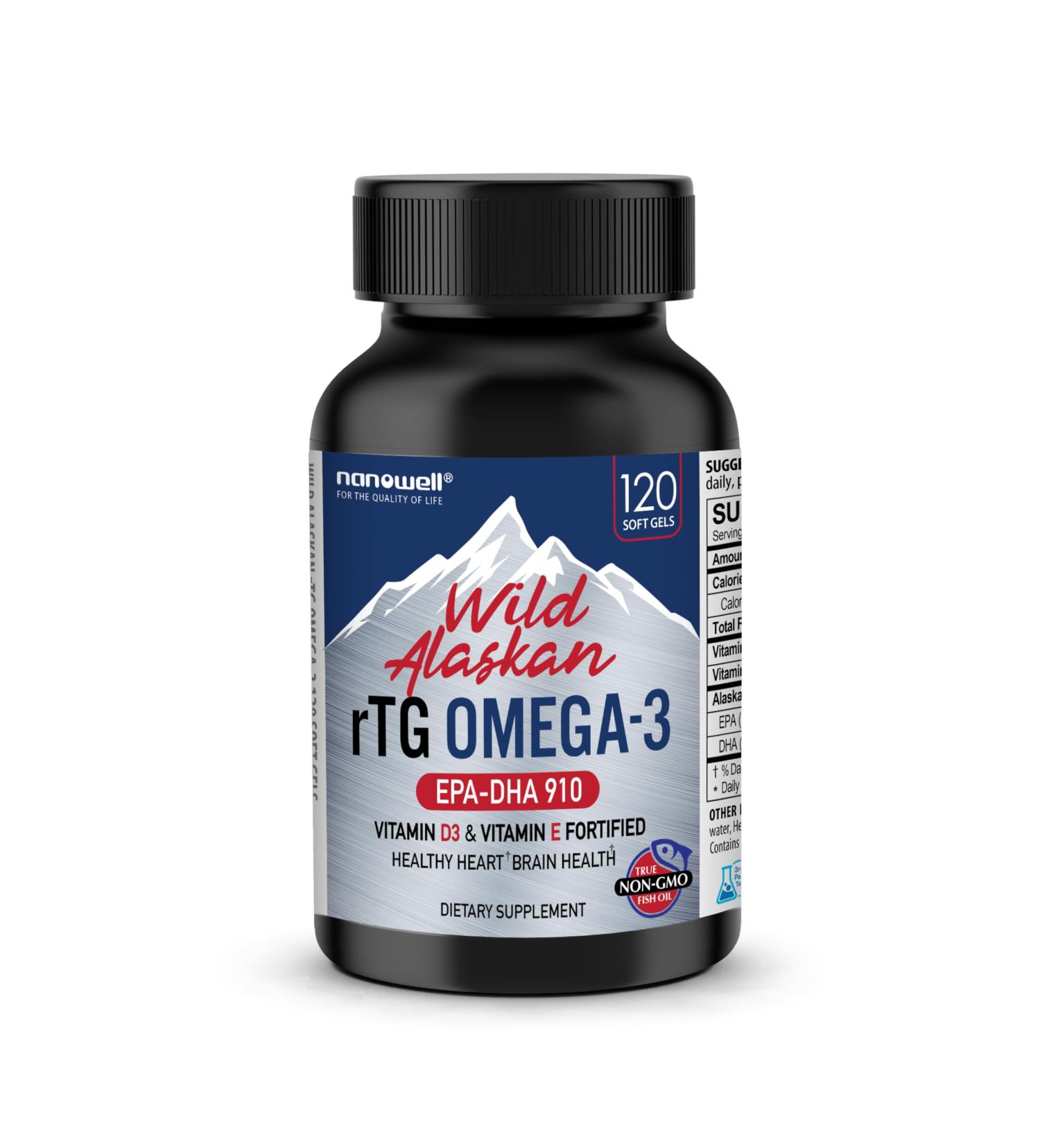 NANOWELL Wild Alaskan rTG Omega-3 Fish Oil 1196mg - EPA DHA Vitamin D3 & E - 120 Softgels 60 Day Supply 120 Count (Pack of 1) - Buy Online on GoSupps.com