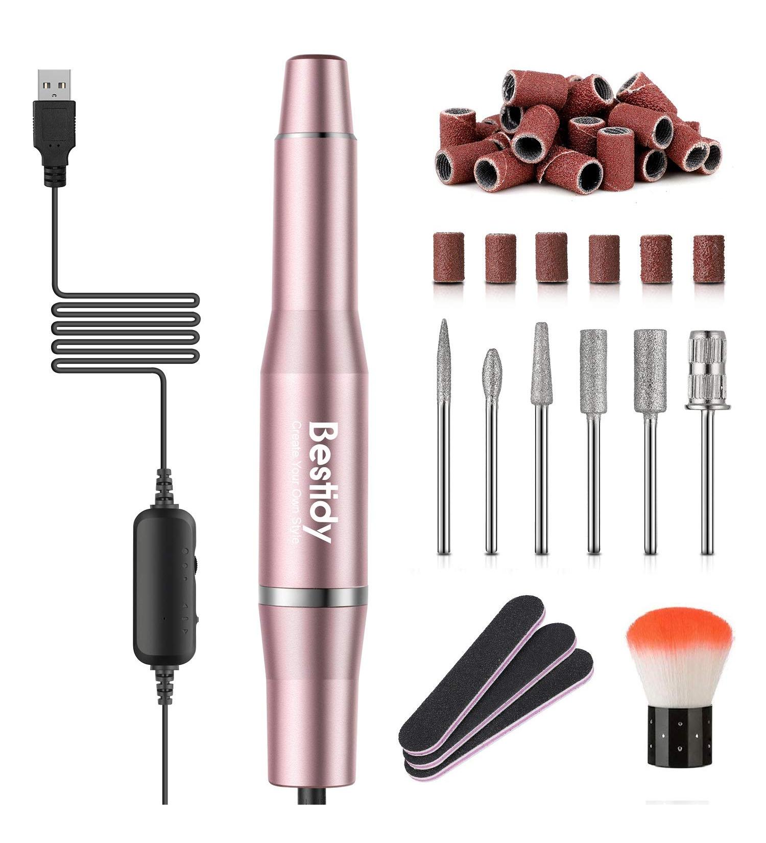 Bestidy Electric Nail Drill Kit - USB Manicure Pen Sander Polisher with 6 Changeable Drills and Sand Bands for Nail Care - Acrylic Nail Tools (A-Pink) - Buy Online on GoSupps.com