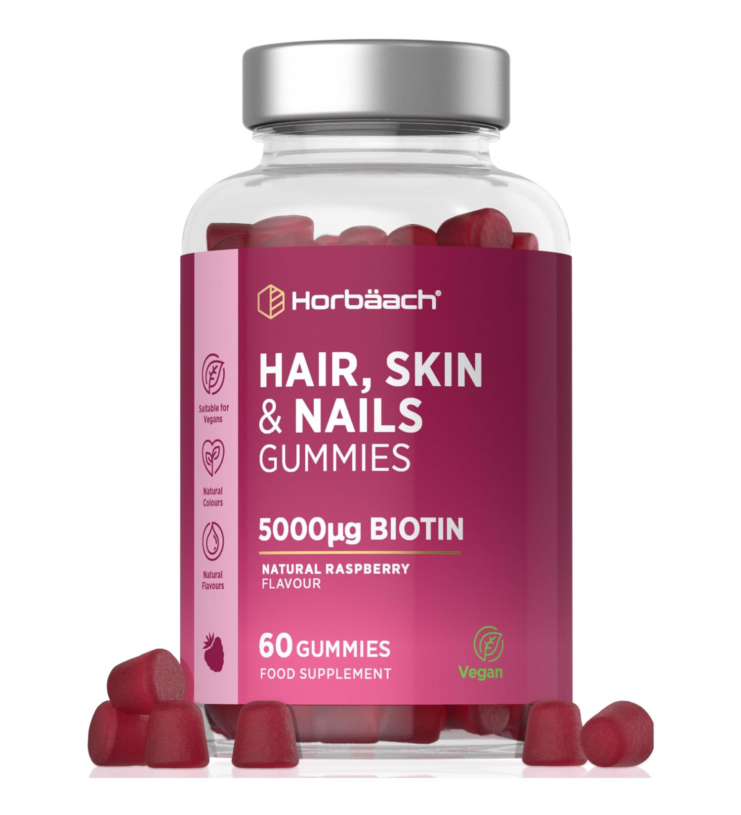 Horbaach Hair Skin and Nails Vitamin with Biotin Vitamin B8 Vitamin B12 Vitamin C Hair Skin Nails 60 Vegan Raspberry Flavored Gummies Horbach - Buy Online on GoSupps.com