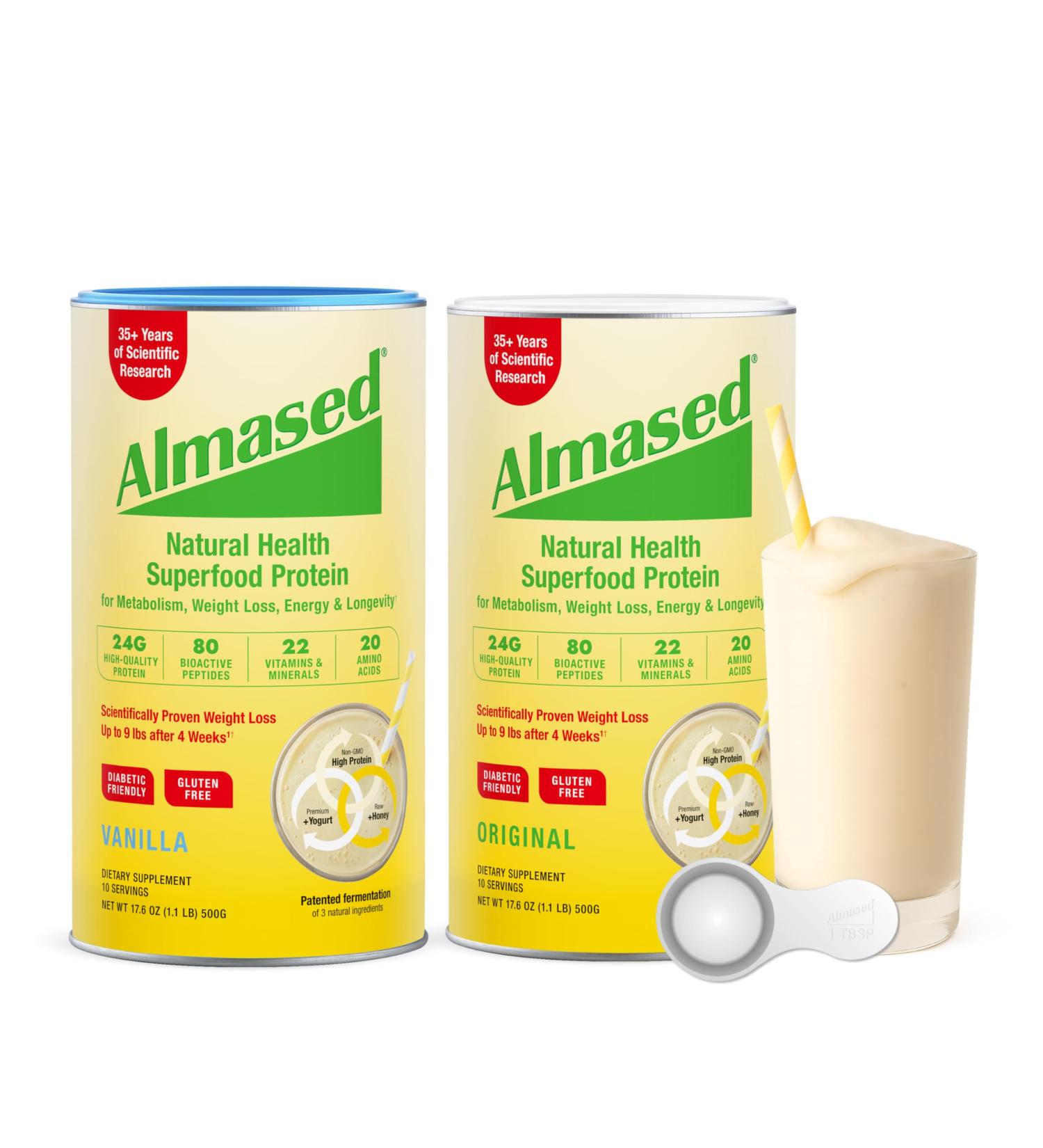 Almased | High Protein Shakes | Meal Replacement Shake | Meal Replacement Powder for Weight Loss with Shaker Bottle (Original and Vanilla 2 Cans of 17.6 oz + Bottle + Scoop) - Buy Online on GoSupps.com