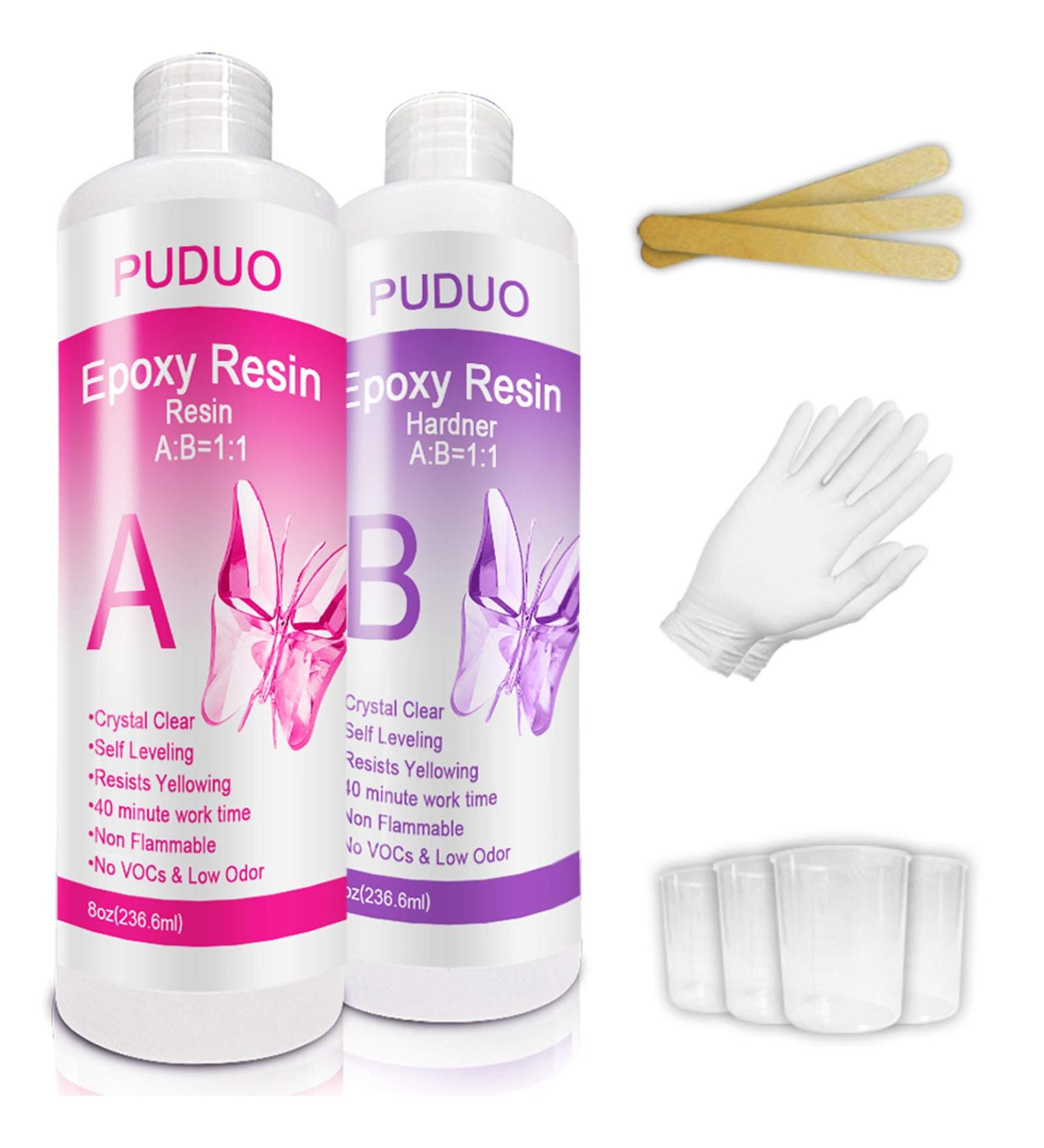 Crystal Clear Epoxy Resin Kit 16oz for Art, Jewelry, Crafts & Coating | Includes 8oz Resin, 8oz Hardener, Bonus Measuring Cups, Sticks & Gloves by Puduo - Buy Online on GoSupps.com