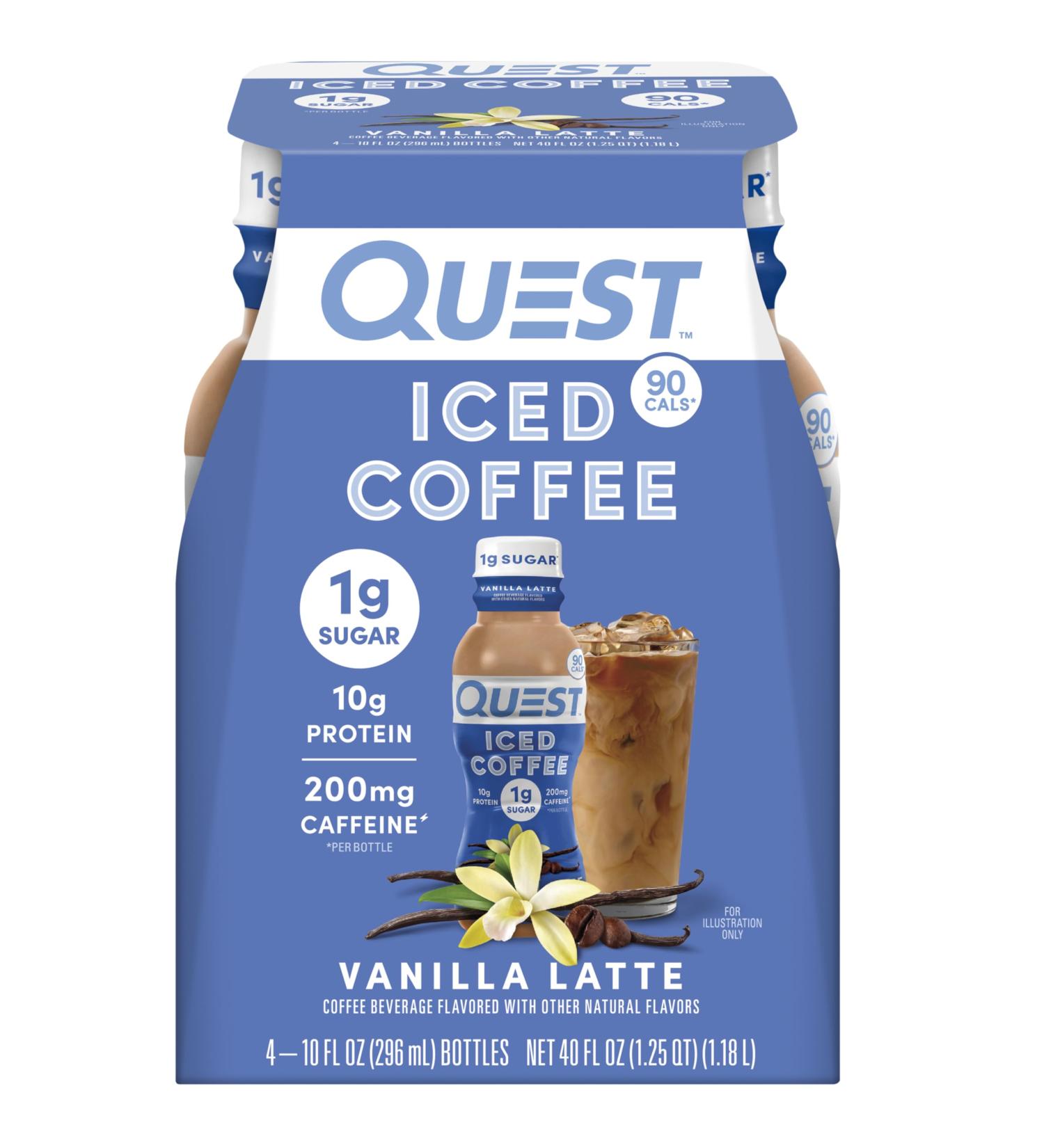 Quest Nutrition Iced Coffee Vanilla Latte - 1g Sugar 10g Protein 90 Calories 200mg Caffeine - 4 Count (2.5 Fl Oz - Buy Online on GoSupps.com