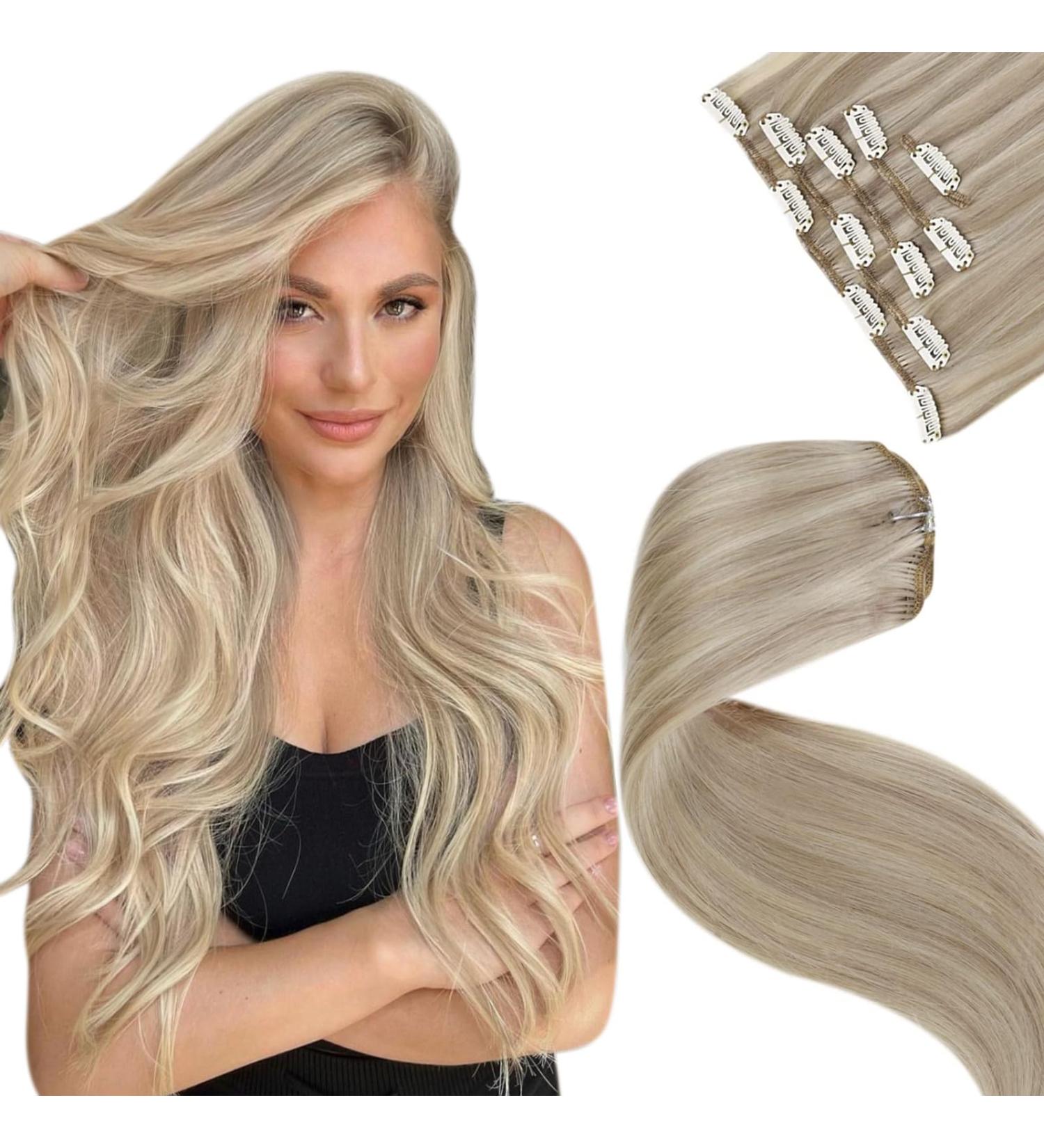 LAAVOO Remy Clip-In Hair Extensions - Real Hair Blond Highlights 30cm 70g - 5 Pieces for Effortless Style - Buy Online on GoSupps.com