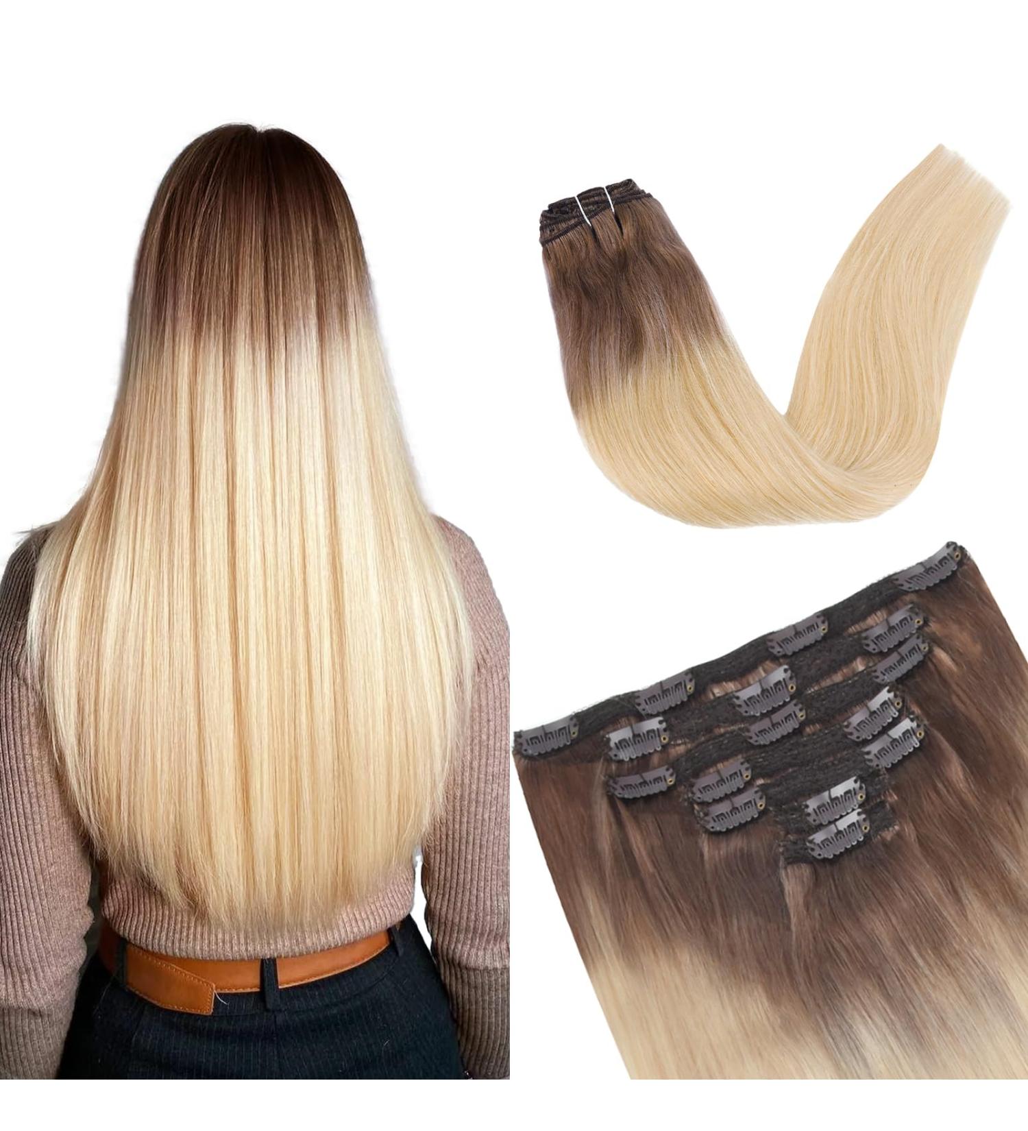 Vlasy Clip in Hair Extensions 16 Inch (80 g) T8A/60+T8A/60# - Seamless Natural Human Hair Extensions for Women - Buy Online on GoSupps.com