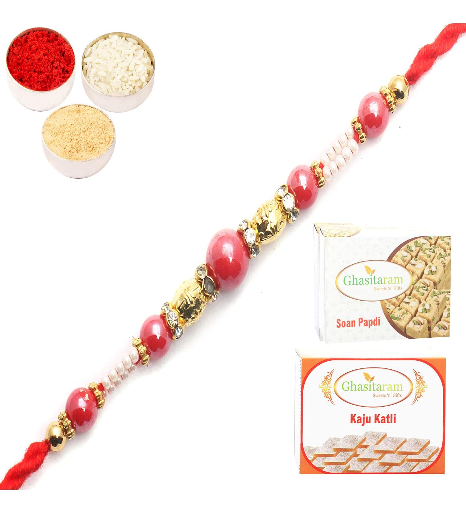 Ghasitaram Gifts Rakhi for Brother Rakhis Online-7017 Fancy Thread Rakhi with 200 GMS of Kaju katli and 200 GMS of Soan Papdi - Buy Online on GoSupps.com