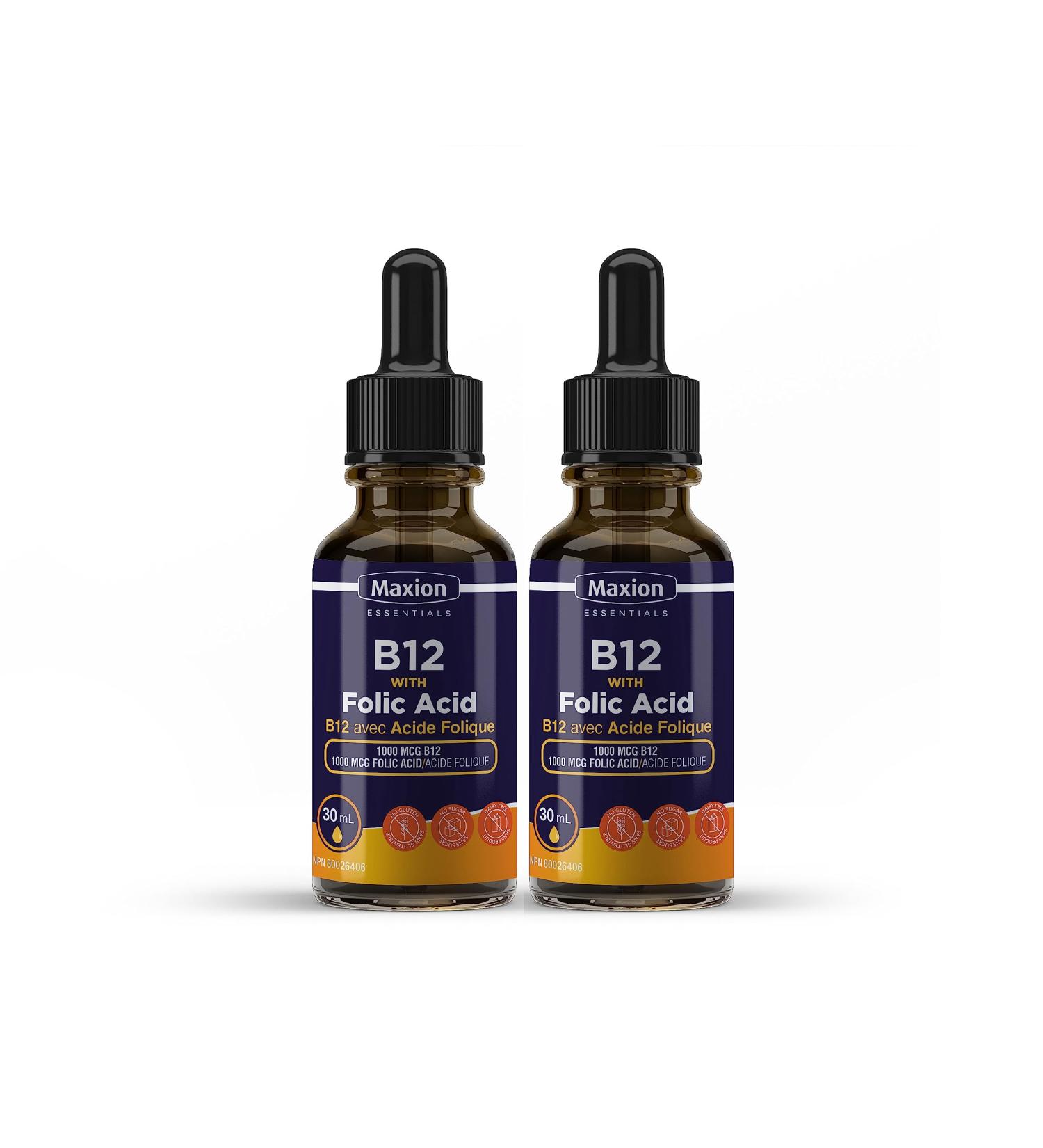 Maxion 2 Pack Vitamin B12 with Folic Acid 1000 mcg to Help Produce Red Blood Cells and Boost Energy Supports Cognitive Function Improved Memory and the Immune System Cherry Flavour 30ml (2) - Buy Online on GoSupps.com
