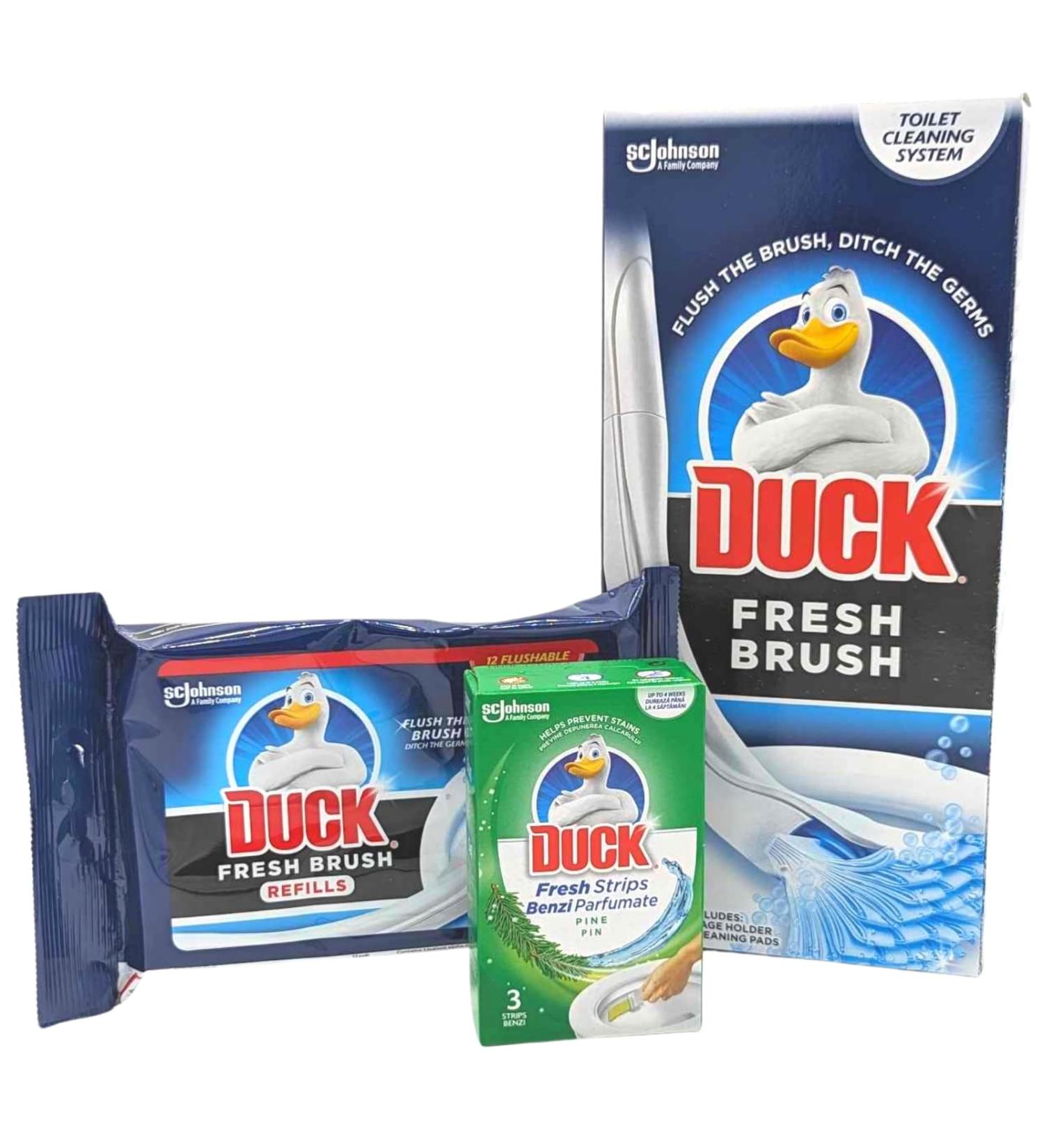 Toilet Cleaner Duck Bundle With Duck Toilet Fresh Brush Starter Kit 1 Handle & 4 Refills Duck Fresh Brush Refills 12pads And Duck Toilet Pine Fresh 3 Strips - Bathroom Cleaner Disposable Toilet Brush - Buy Online on GoSupps.com