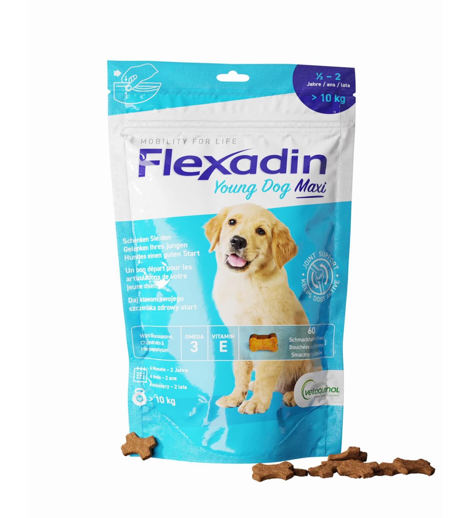 Flexadin Young Dog Maxi | For healthy joints in young dogs from 10 kg | with glucosamine chondroitin omega-3 devil's claw 60 joint treats - Buy Online on GoSupps.com