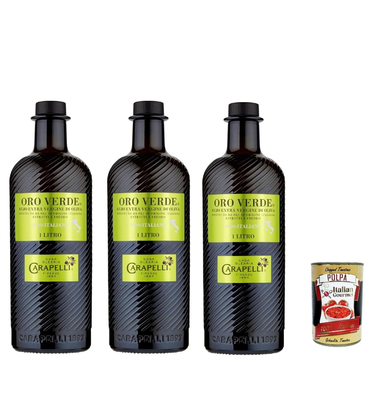  Italian Gourmet E.R. Carapelli Oro Verde Set of 3 1L bottles of Italian extra virgin olive oil + Italian Gourmet Polpa 400g - Buy Online on GoSupps.com