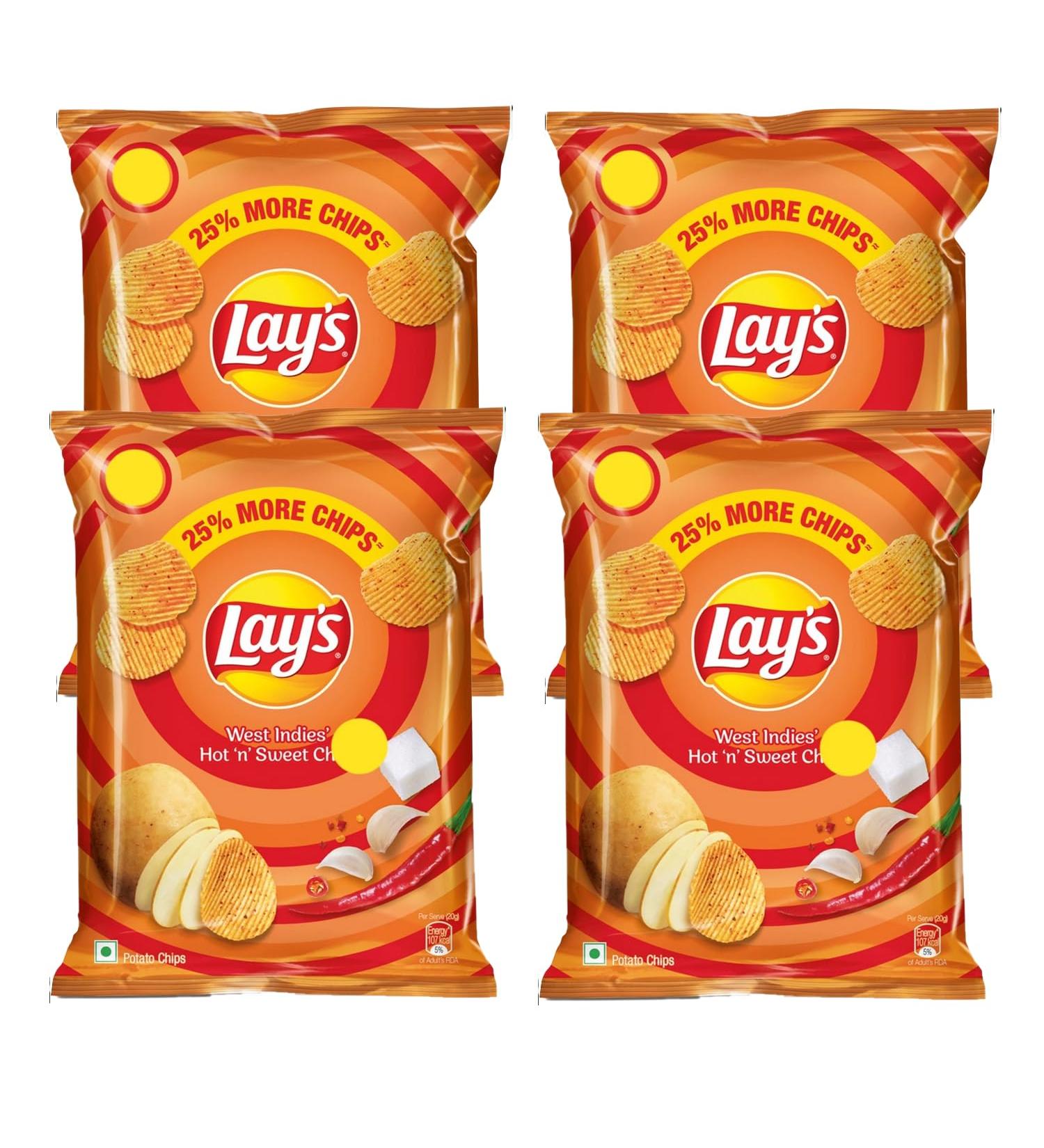Lays Potato Chips (West Indies Hot and Sweet Chilli) Flavor (50 Gram) - Slow-Cooked Potato Crunchy Chips & Snacks (Pack of 4) - Buy Online on GoSupps.com