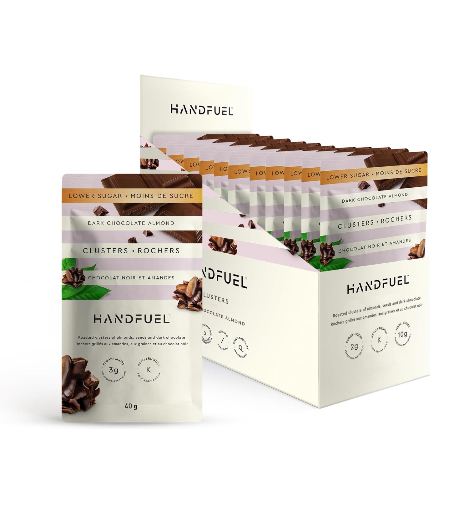 Handfuel Dark Chocolate Covered Almond Clusters Hand Roasted Dark Chocolate Almonds 3g of Protein Keto Friendly Snacks Non GMO Vegan Friendly Plant Based Chocolate Nuts Gluten Free - 40g Per Pouch (12 Count) 1 count (Pack of 12) Dark Chocolate Almond Clus - Buy Online on GoSupps.com