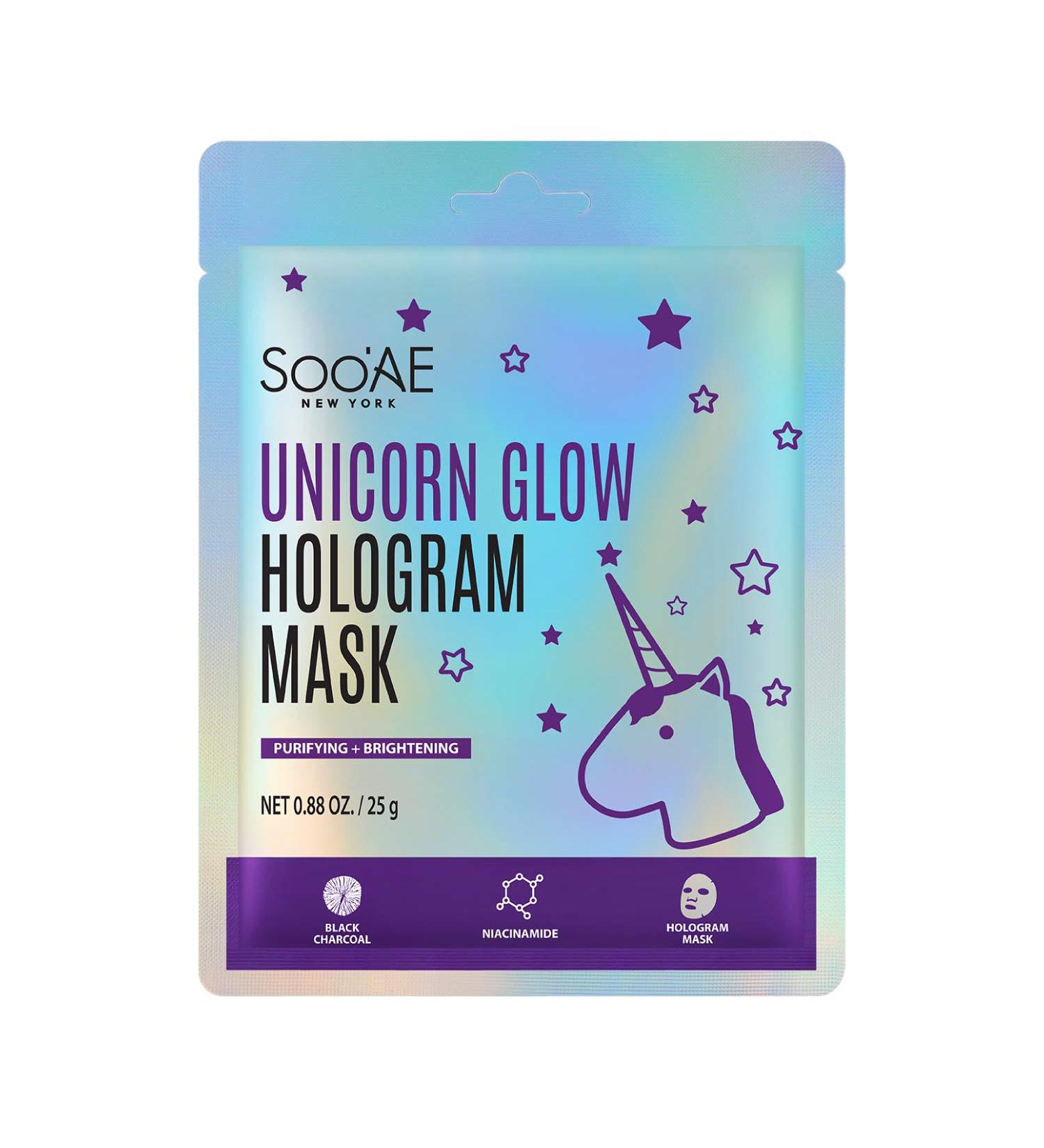 Soo'AE Unicorn Glow Hologram Mask - Clarifying Brightening Hydrating Foil Mask with Charcoal, Niacinamide, and Witch Hazel - Buy Online on GoSupps.com