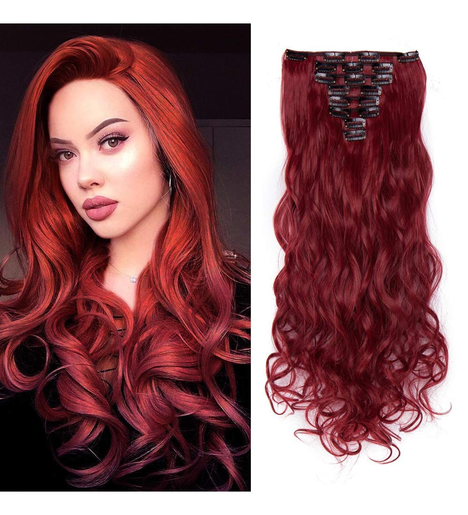 Silk-co Long Curly Wavy Clip in Hair Extension 24 Maroon&Dark Red - 8 Pcs Full Head, Synthetic Heat Resistant, 18 Clips - #Maroon&Dark Red - Buy Online on GoSupps.com