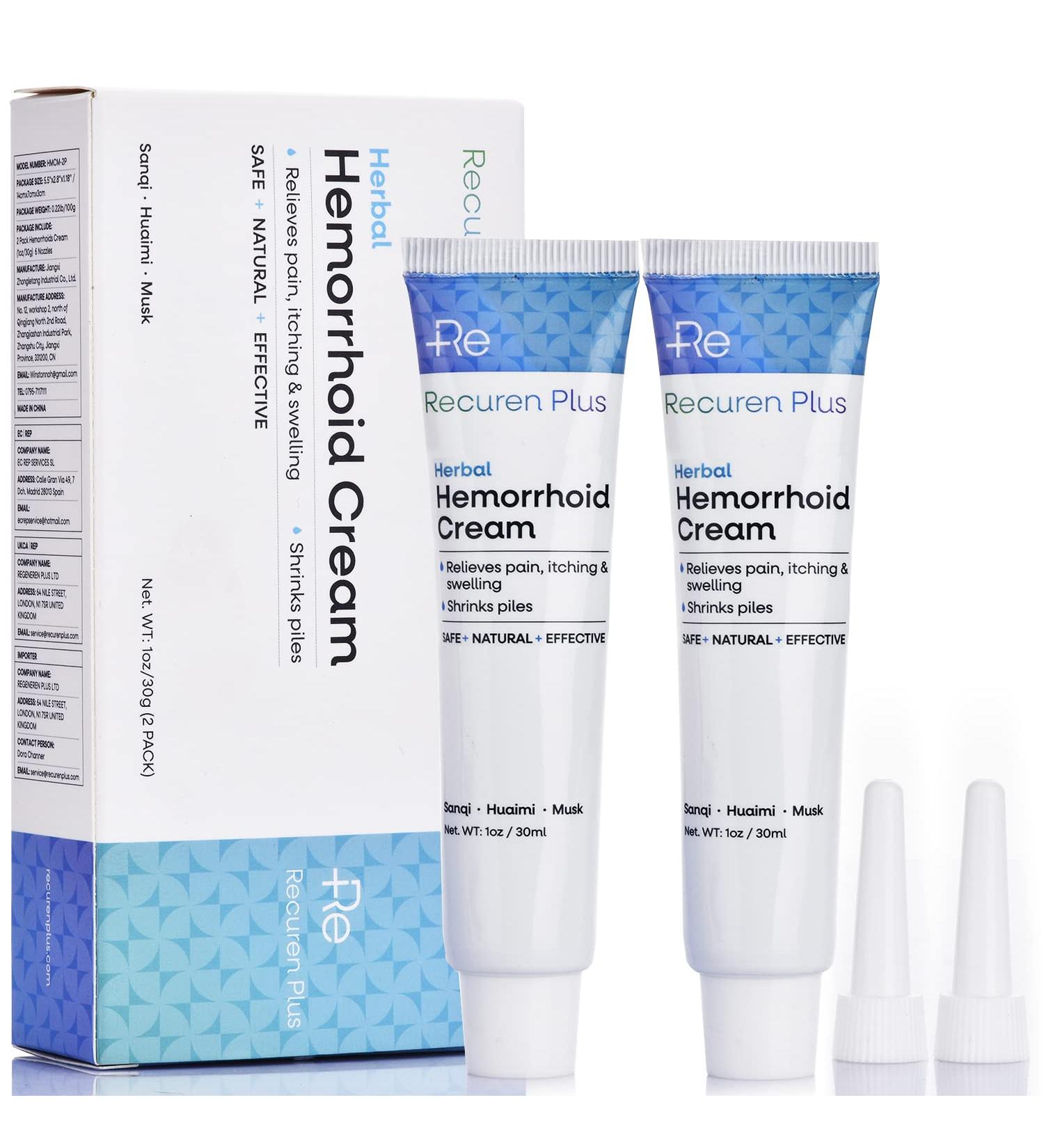 Recuren Plus Hemorrhoid Treatment Natural Hemorrhoid Cream Piles Treatment Soothes Burning Itching and Discomfort Shrinks Piles 6 Nozzles 1 oz x 2 Pack - Buy Online on GoSupps.com