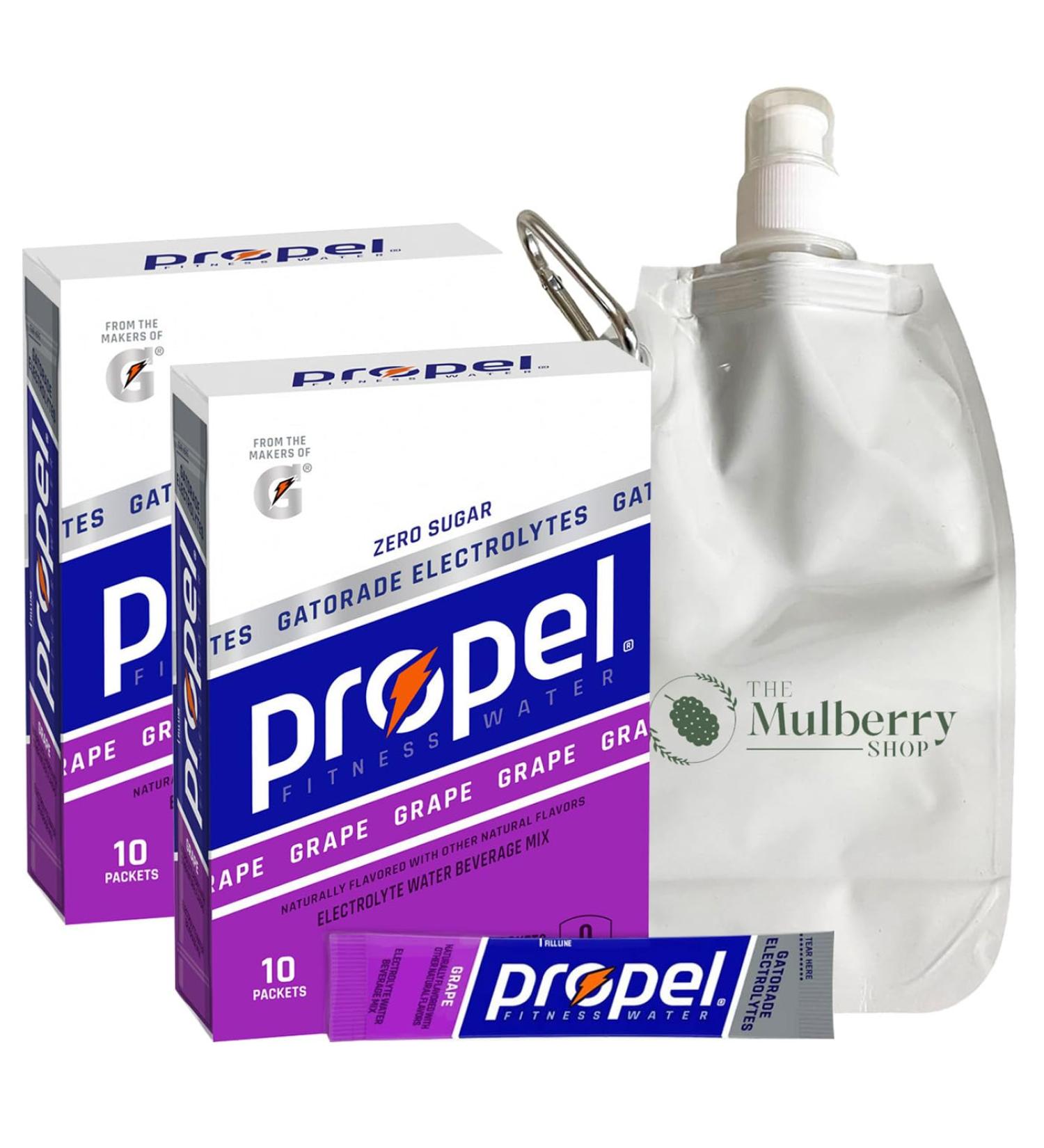 Powder Drink Mix Packets Grape Flavor 2 Pack Bundle Includes Propel With Vitamin Electrolyte And Zero Sugar With 16.9 OZ Collapsible Water Bottle For Sports Hydration By The Mulberry Shop - Buy Online on GoSupps.com